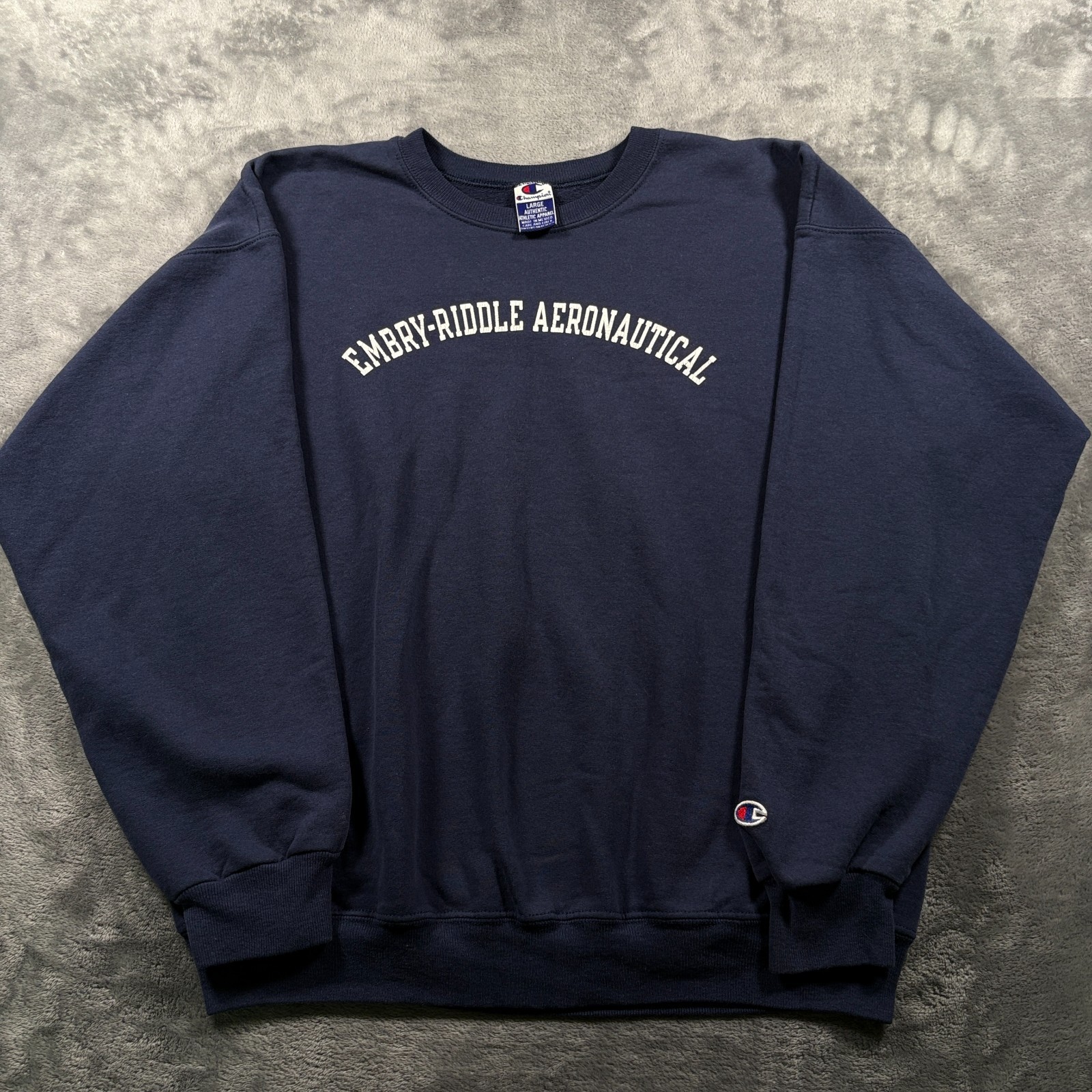 Vintage Y2K Champion Sweatshirt Mens Large Navy Blue Embry Riddle Aeronautical