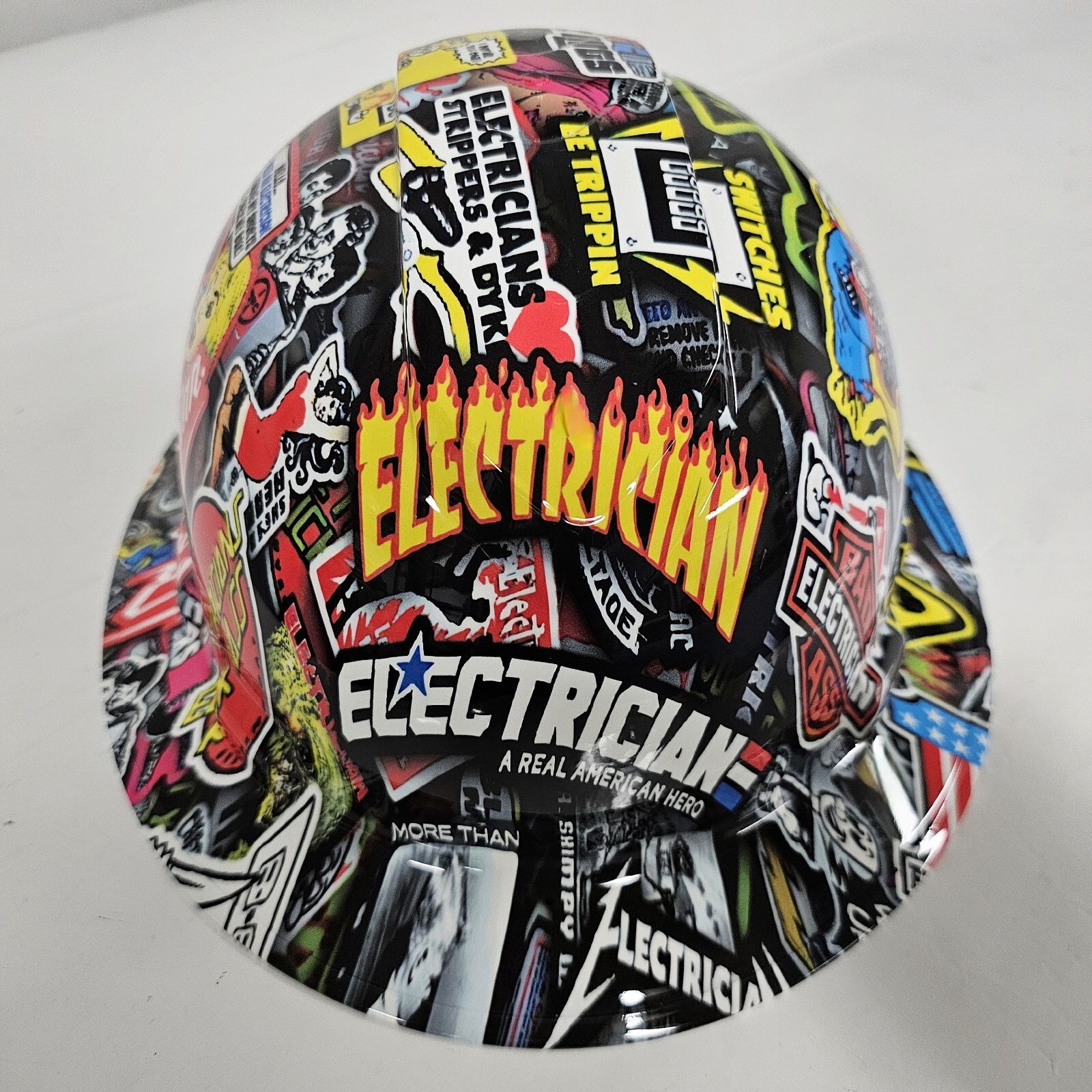 full brim hard hat custom hydro dipped IN ELECTRICIAN EXTREME STICKER BOMB NEW full brim hard hat custom hydro dipped IN ELECTRICIAN EXTREME STICKER BOMB NEW