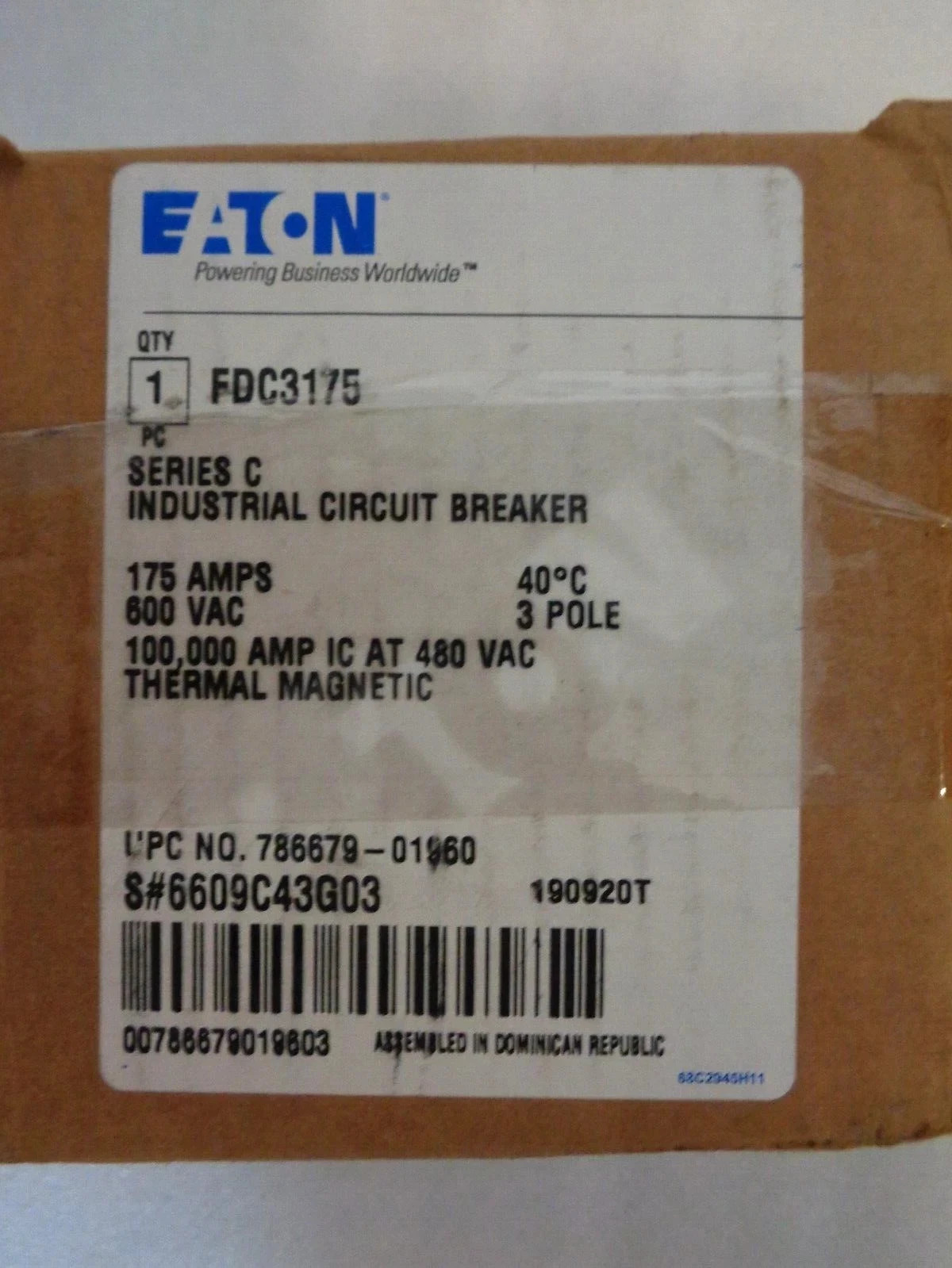 Eaton FDC3175 Series C Circuit Breaker 175AMPS 600VAC 3 Pole
