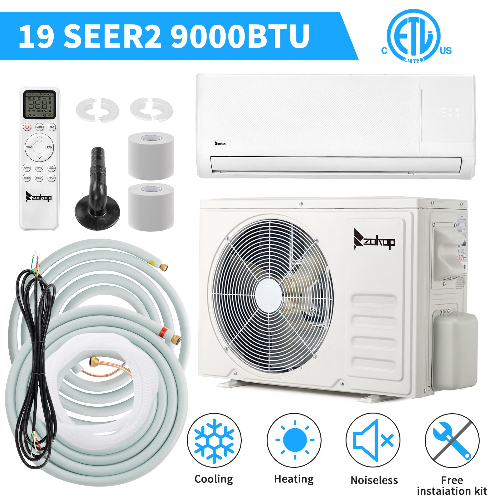 9000 BTU AC Ductless Mini Split Air Conditioner & Heating Pump AC Kit, 19 SEER2