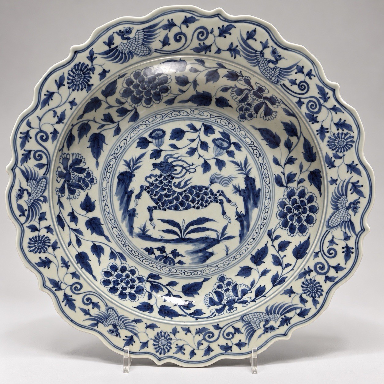 Large Chinese Blue & White Porcelain Charger Xuande Mark 17” Dragon Phoenix