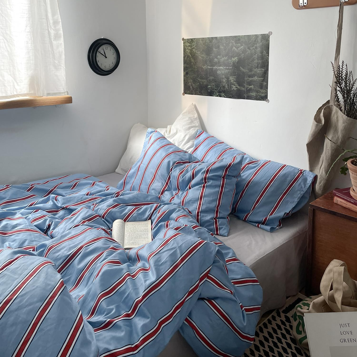 Mixinni Vintage Striped Blue Duvet Cover Queen 100% Cotton Red Stripes Set Mixinni Vintage Striped Blue Duvet Cover Queen 100% Cotton Red Stripes Set