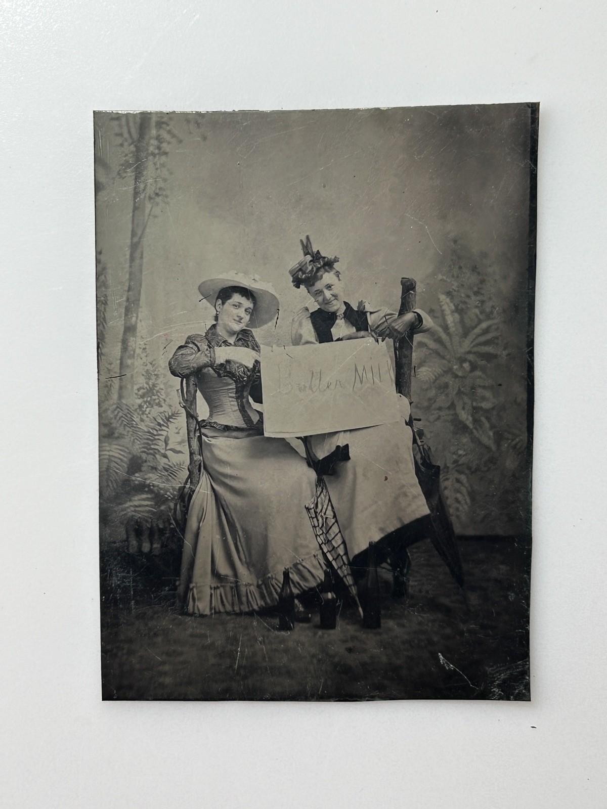 1892 Antique Tintype Photo 2 Women Victorian Costumes Dated Identified 1/6 Plate