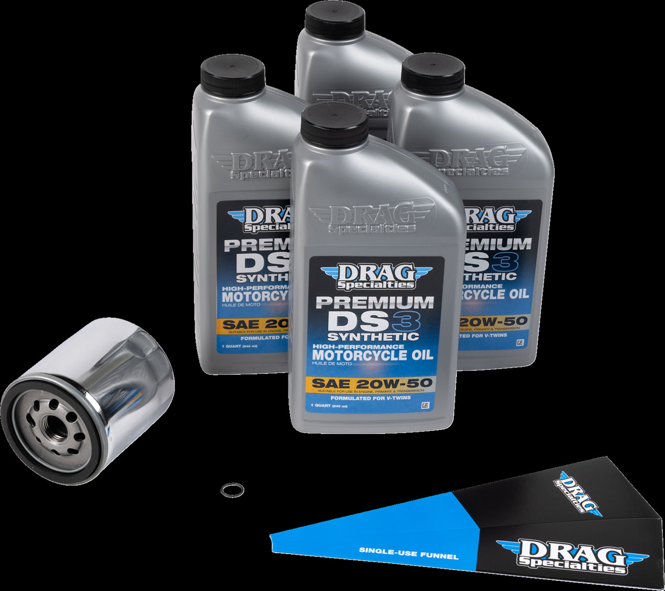 Drag Specialties Chrome 20W50 Synthetic Motor Oil Change Kit for Harley Twin Cam