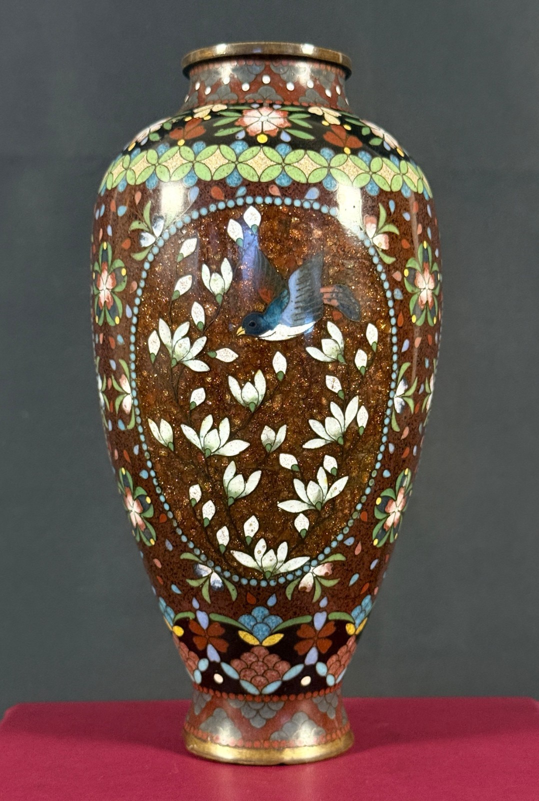 Antique Japanese Meiji Cloisonné Vase Birds Flowers Goldstone Medallions 7.5”