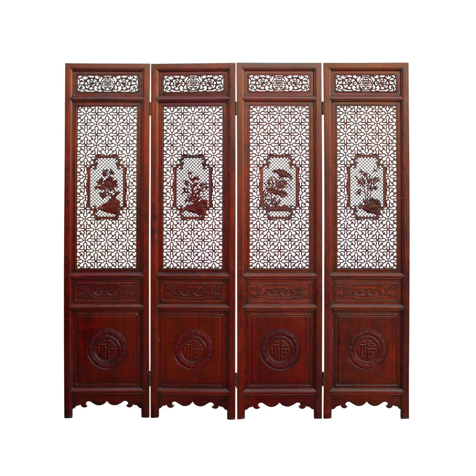 Chinese Reddish Brown Stain 4 Seasons Flower Wood Panel Floor Screen cs5321
