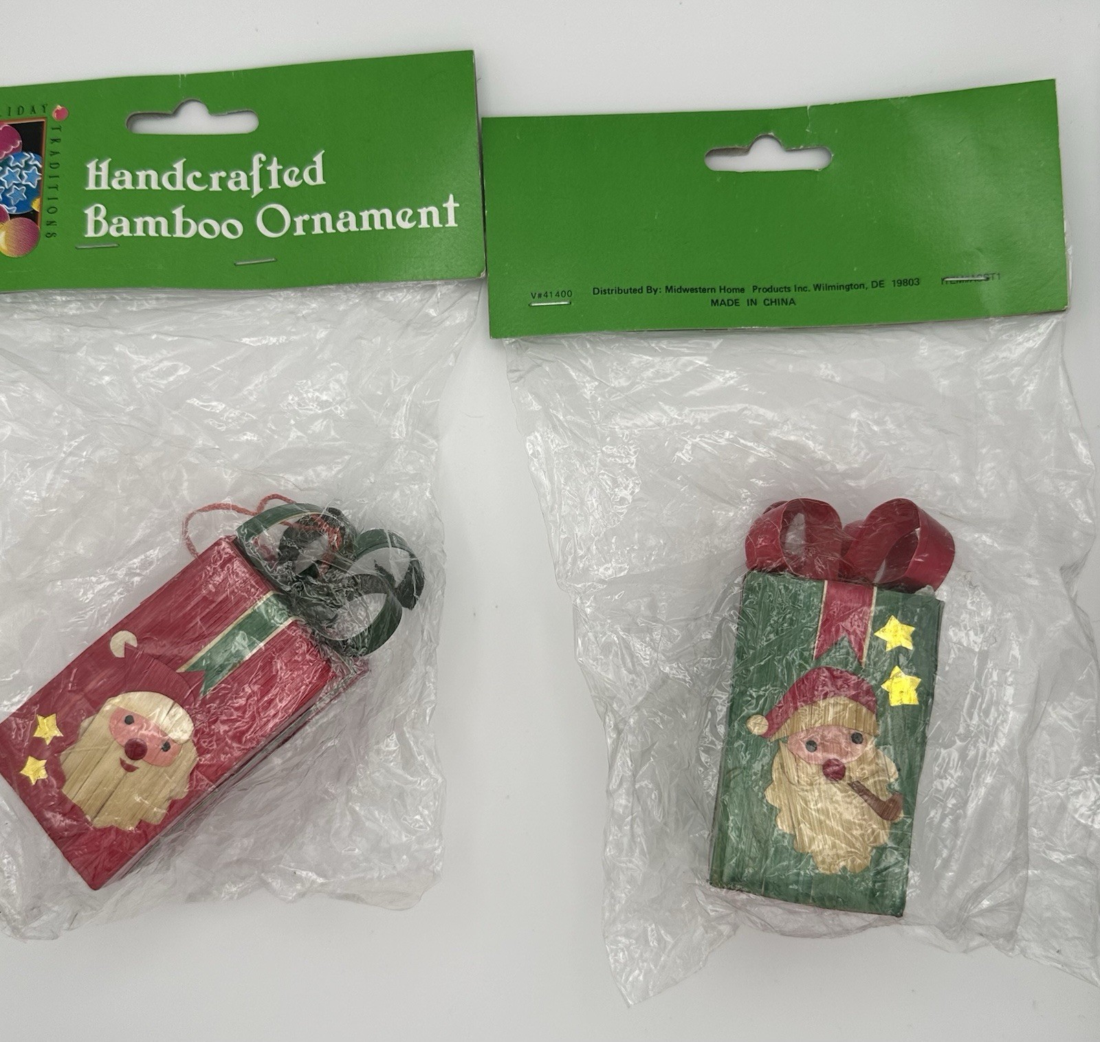 Vintage Handcrafted Bamboo Christmas Ornaments Santa Gift Box New NOS Set of 2