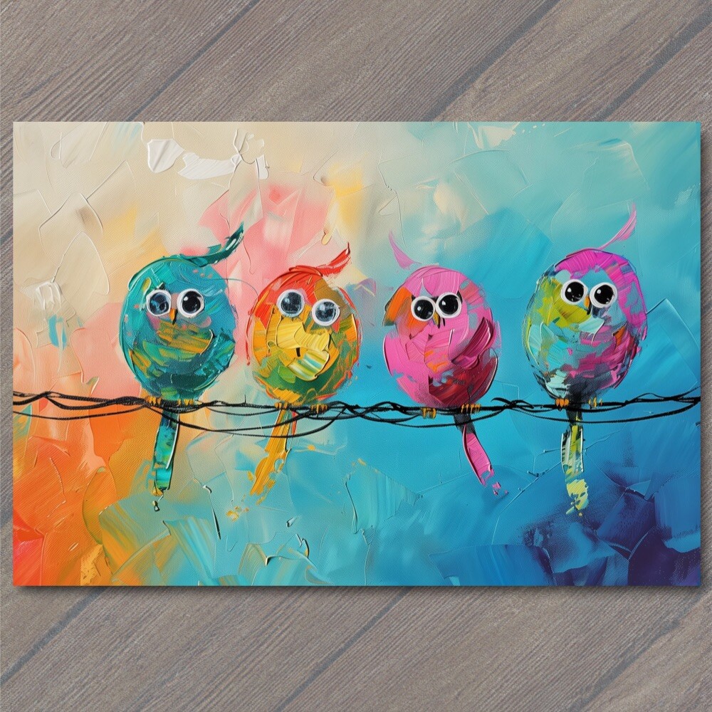 Art Print Birds On A Wire Cute Big Eyes Acrylic Painting Cartoon Style Colorful