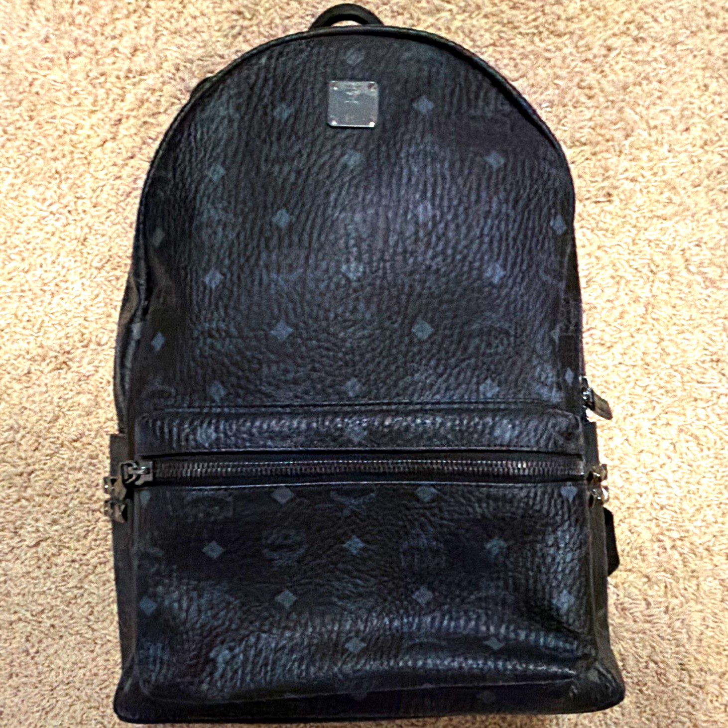 MCM Black Monogram Studded Zip Backpack w/ Adjustable Straps & Pockets MCM Black Monogram Studded Zip Backpack w/ Adjustable Straps & Pockets