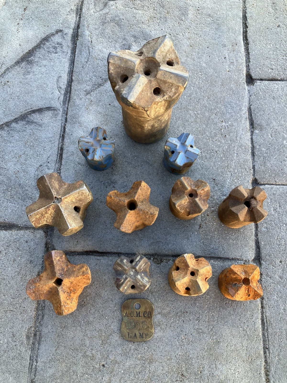 Vintage Butte Montana Hard Rock Mining Drill Bit (11) & Brass Tool Check Tag Lot
