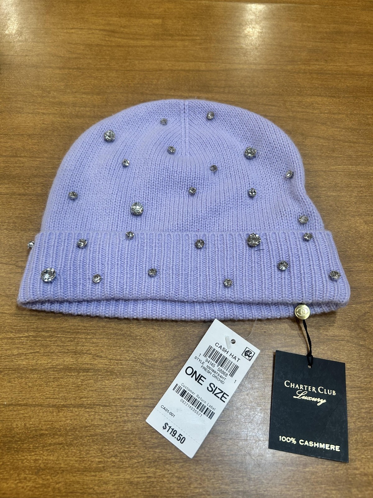 Charter Club Beanie Hat Womens One Size Purple Cashmere Rhinestone Luxury