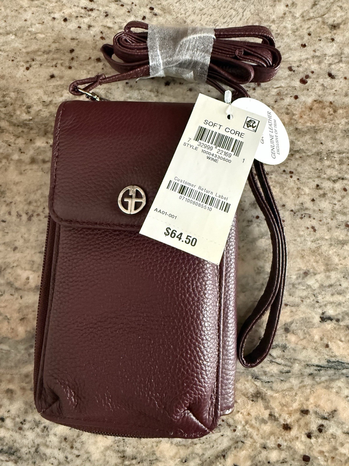 Giani Bernini Burgundy Leather Crossbody Phone Bag Zip Detachable Strap Silver