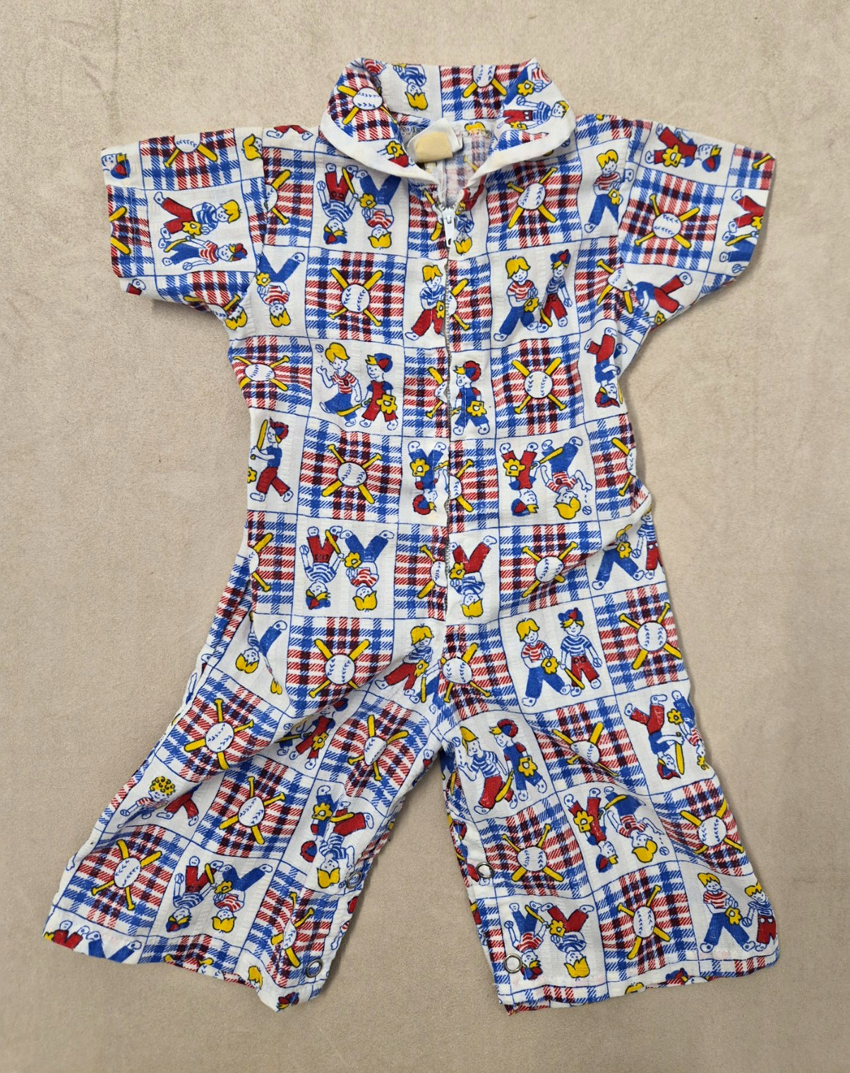 VTG 70s JCPenney Toddle Time Penn Prest Baby Romper Plaid Baseball Sz 6-9m