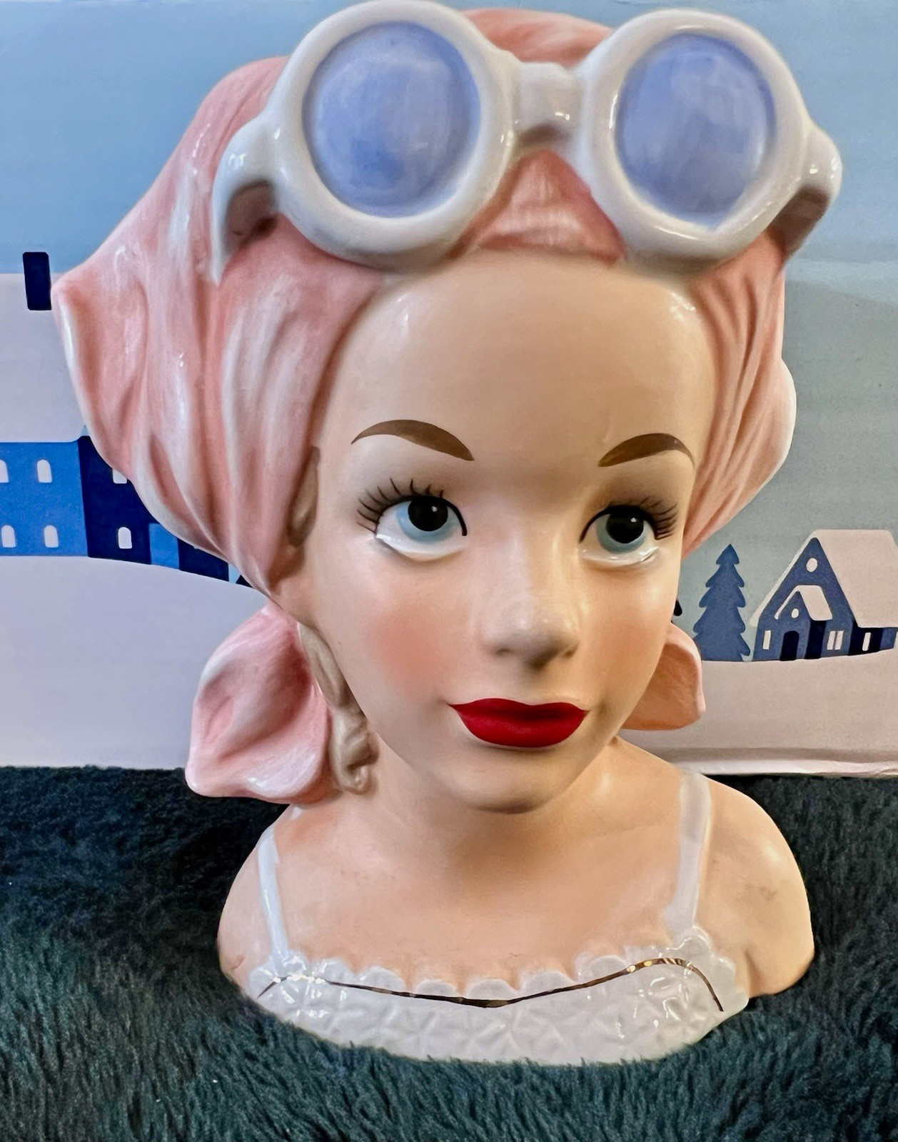 VINTAGE RARE RELPO K1863 GIRL WITH SUNGLASSES AND PINK SCARF HEAD VASE 5” VINTAGE RARE RELPO K1863 GIRL WITH SUNGLASSES AND PINK SCARF HEAD VASE 5”
