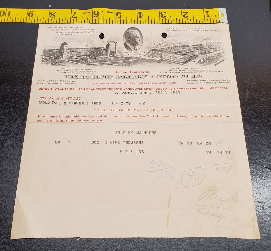 1927 The Hamilton Carhartt Cotton Mills paid invoice-Atlanta Georgia-Portrait