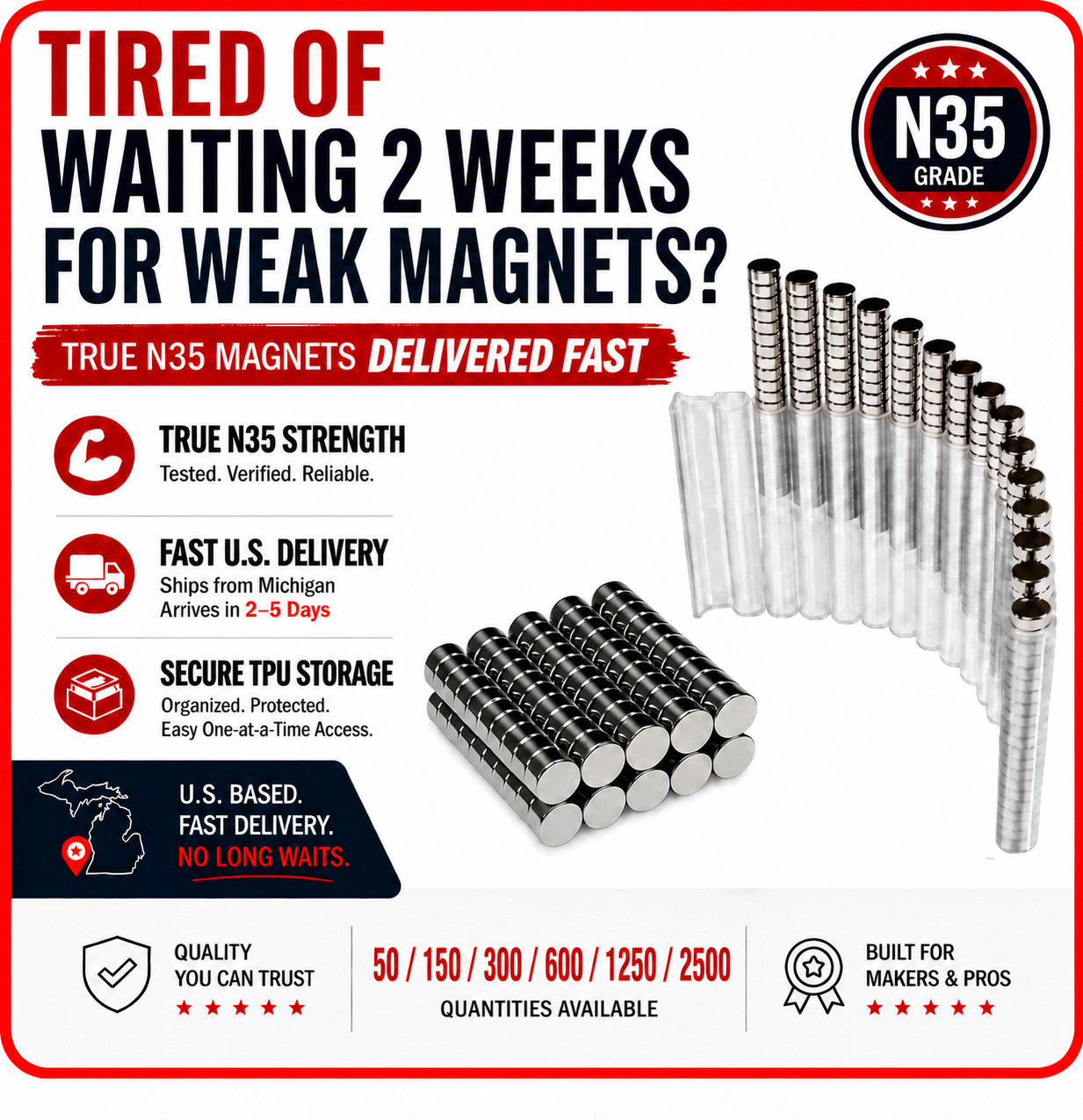 6mm x 3mm N35 Neodymium Disc Magnets –True & Tested Strength – Fast USA Shipping