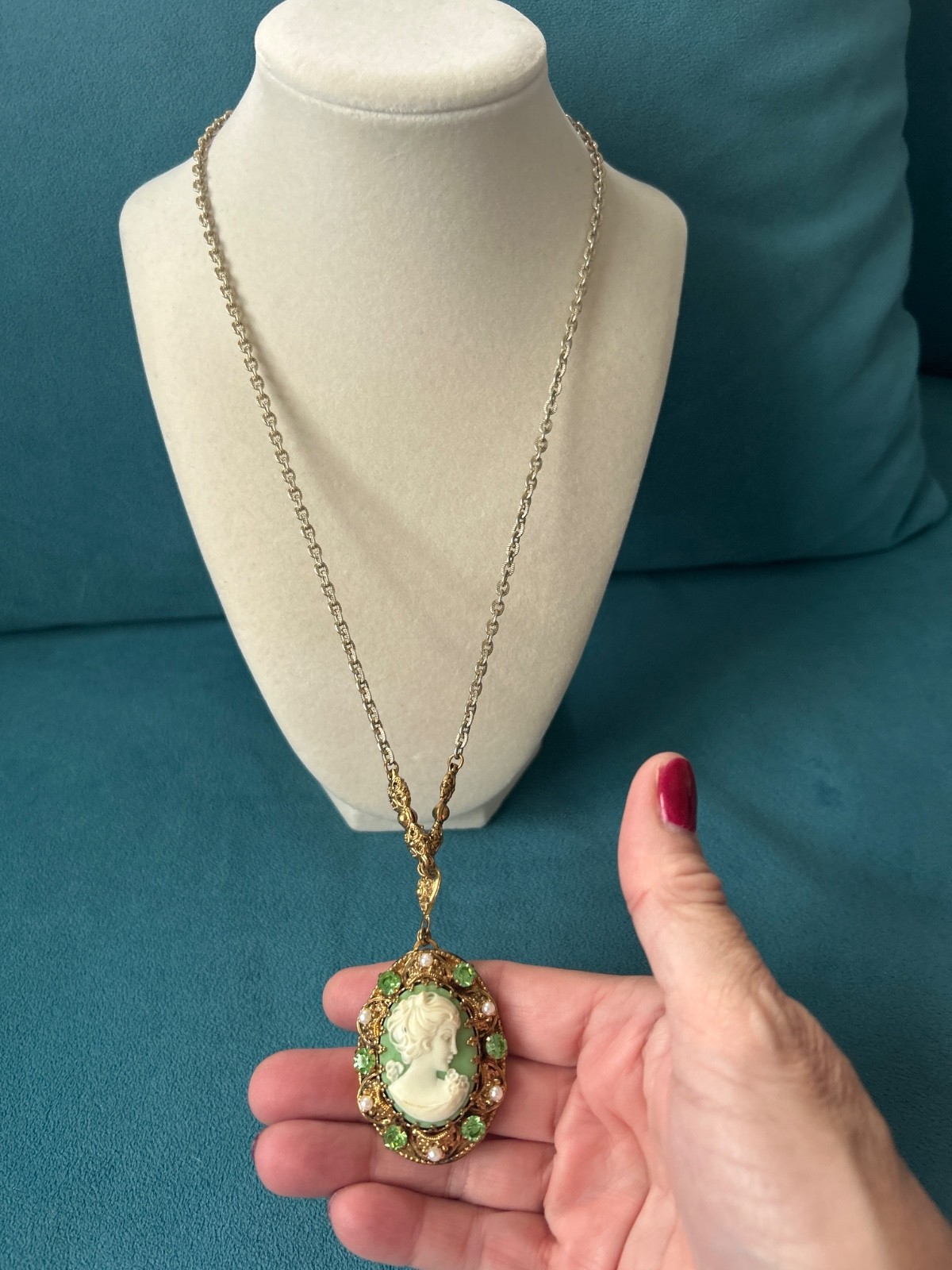 Vintage Victorian Revival Green Slag Galss Cameo Necklace With Clip Earrings