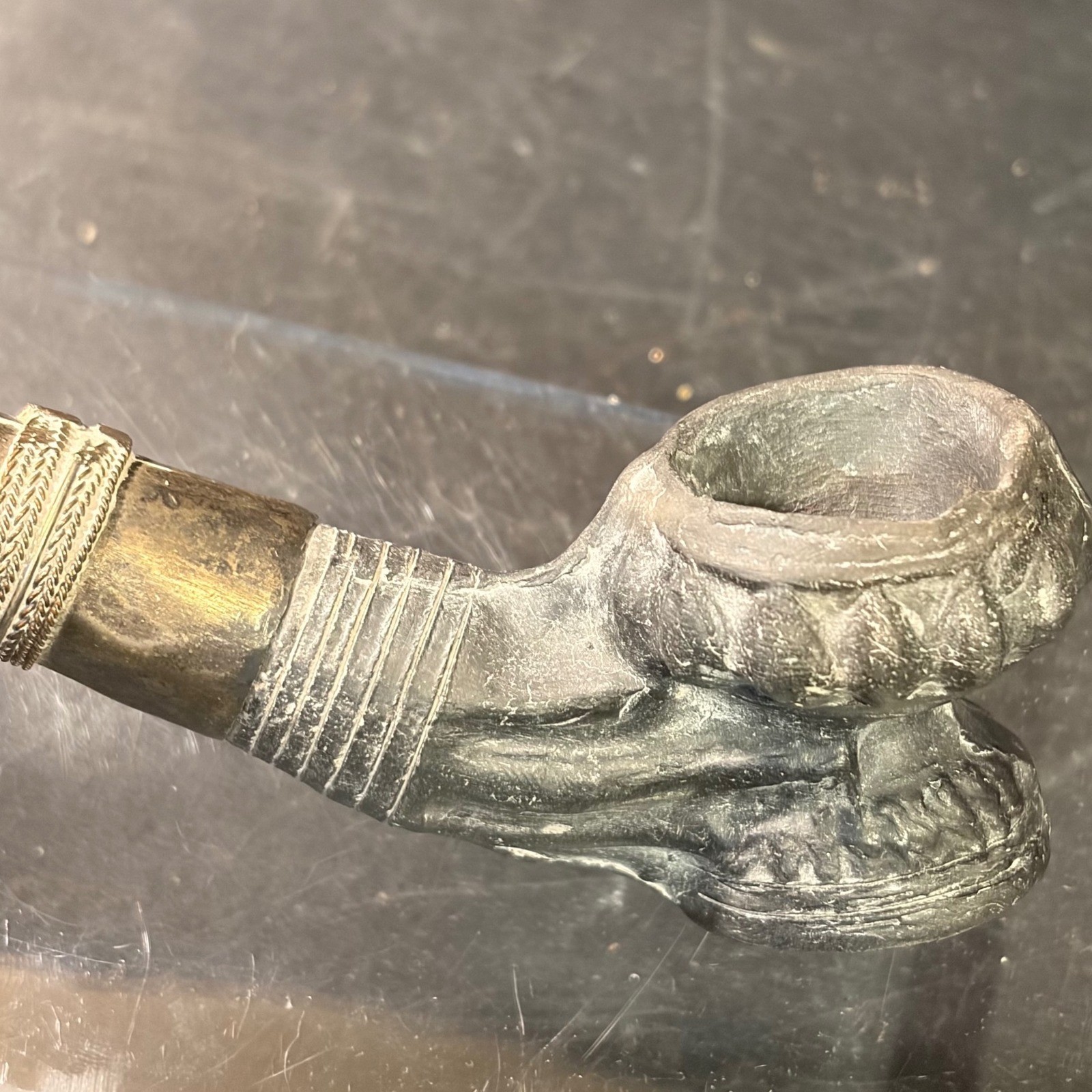Antique Long Stem Metal Smoking Pipe Figural Bowl Decorative Banding 15.5 Inch
