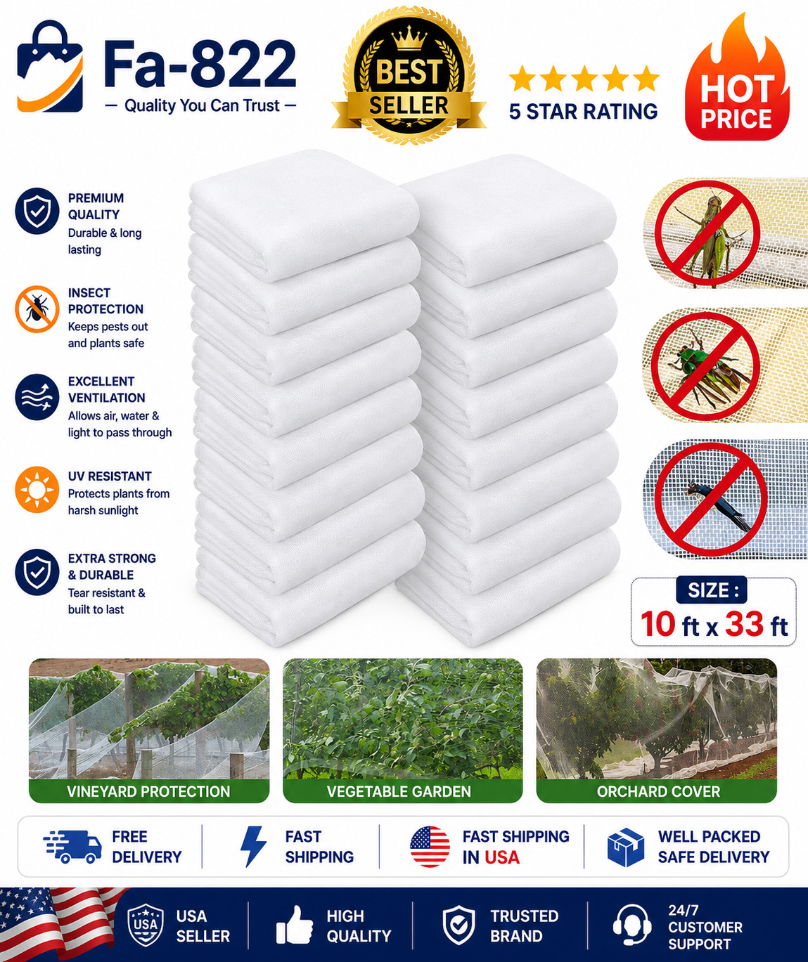 10 ft x 33 ft Garden Bug Insect Netting Barrier Mosquito Bird Net Plant Protect 10 ft x 33 ft Garden Bug Insect Netting Barrier Mosquito Bird Net Plant Protect