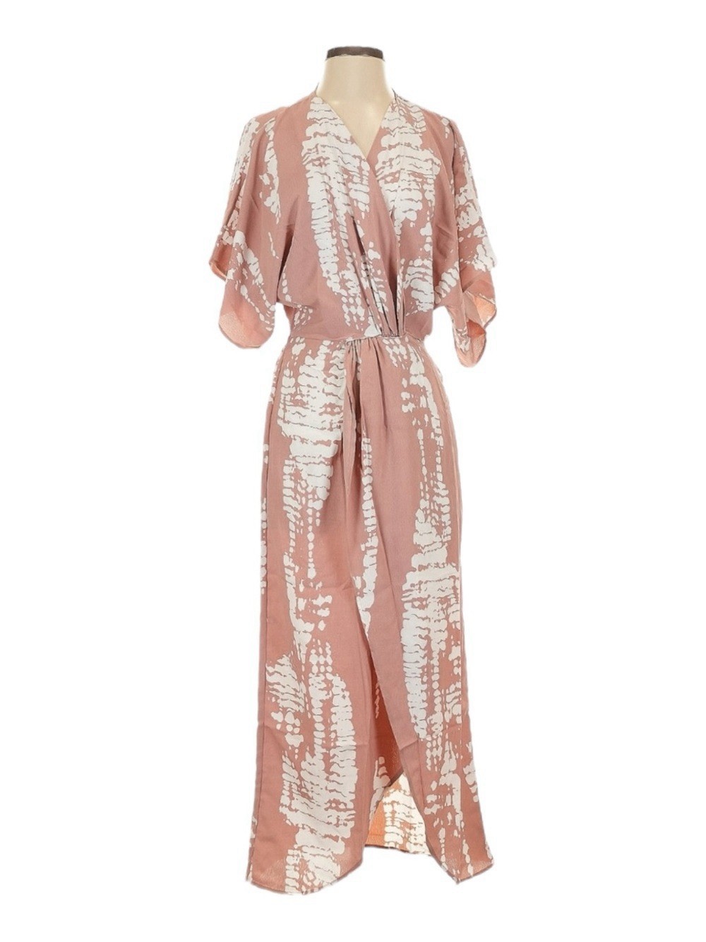 Lezat Pink Abstract Tie Dye Maxi Wrap Dress Kimono Sleeve XS NWT