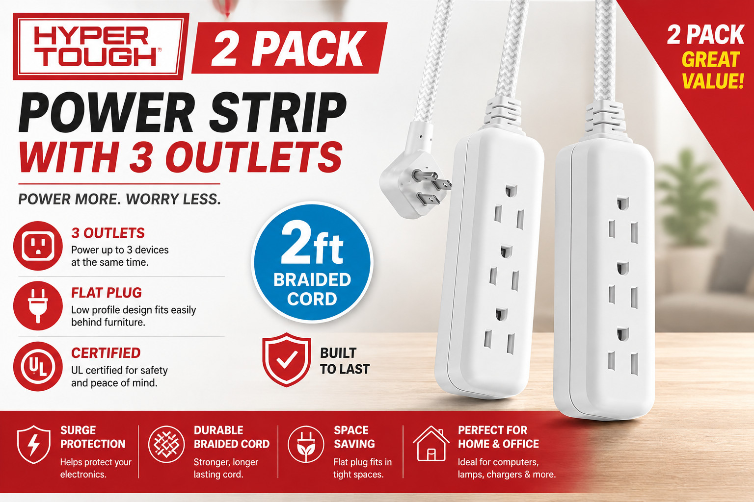 Flat Plug Extension Cord 2 Feet Braided 3 Outlet Grounded Power Strip White Flat Plug Extension Cord 2 Feet Braided 3 Outlet Grounded Power Strip White