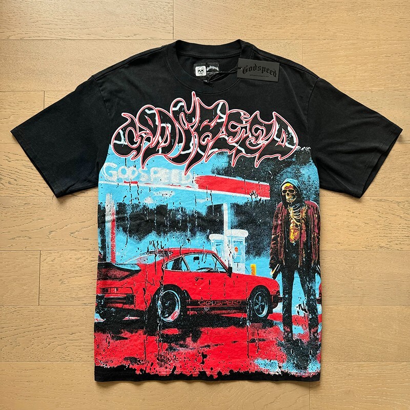 NEW Godspeed Rock Skeleton sports car print pattern Tee Washed Mens T-shirt NEW Godspeed Rock Skeleton sports car print pattern Tee Washed Mens T-shirt