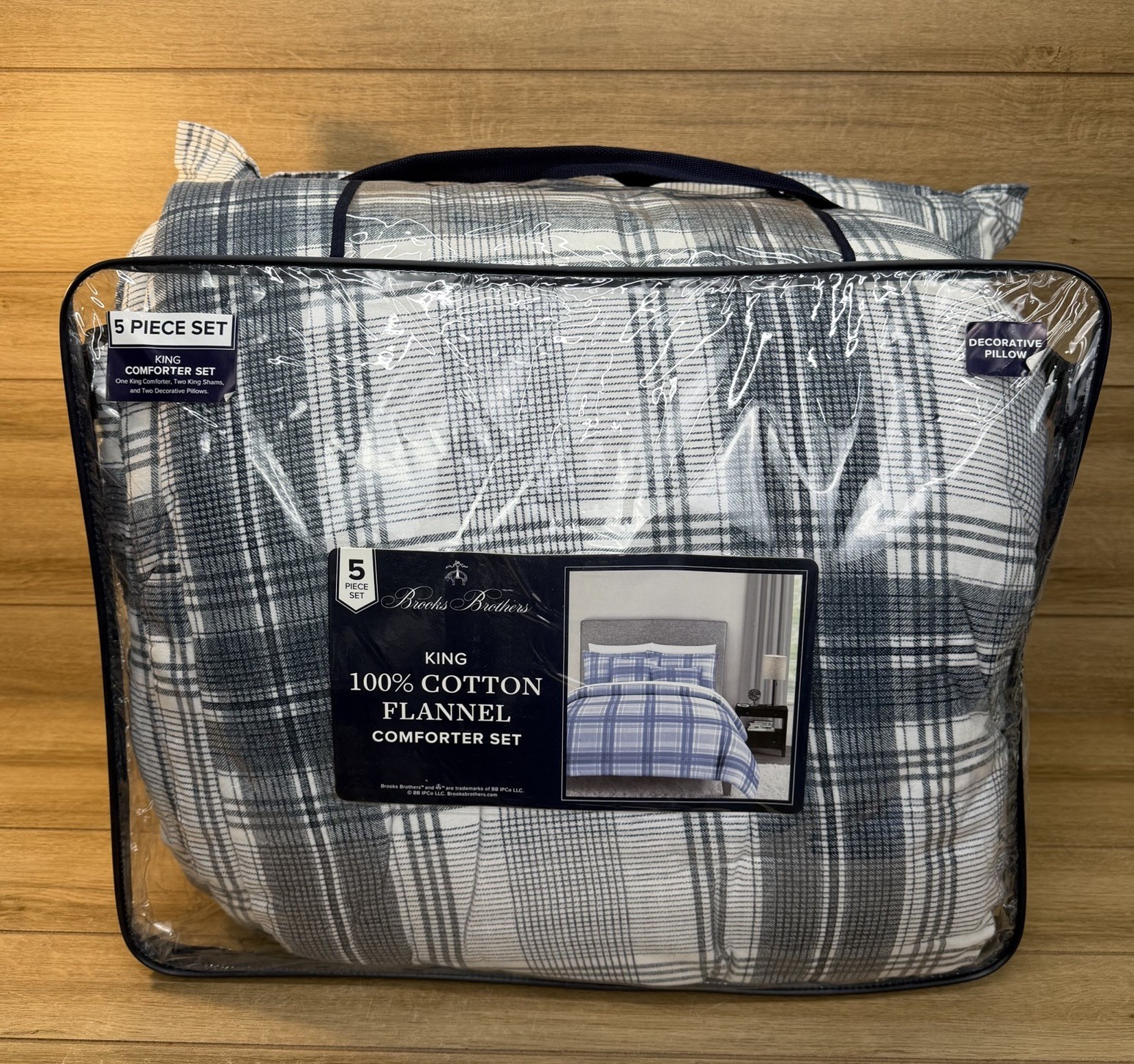 Brooks Brothers King 5-Pc Cotton Flannel Comforter Set Blue Gray White Plaid NIP Brooks Brothers King 5-Pc Cotton Flannel Comforter Set Blue Gray White Plaid NIP