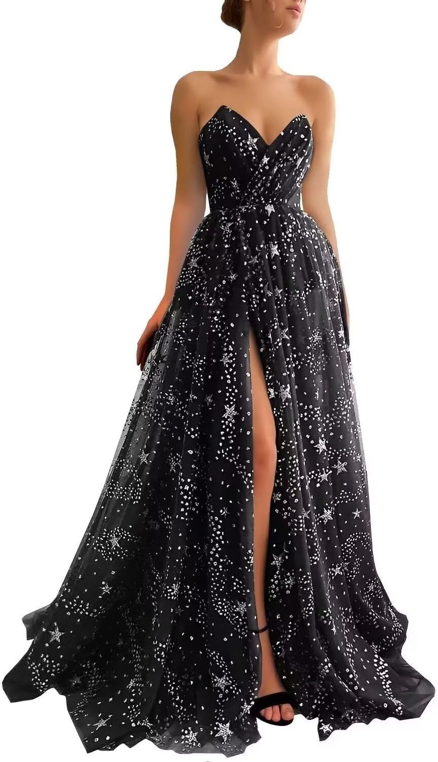Custom Women\'s Sparkle Starry Tulle Prom Dresses Slit Formal Evening Party Gowns