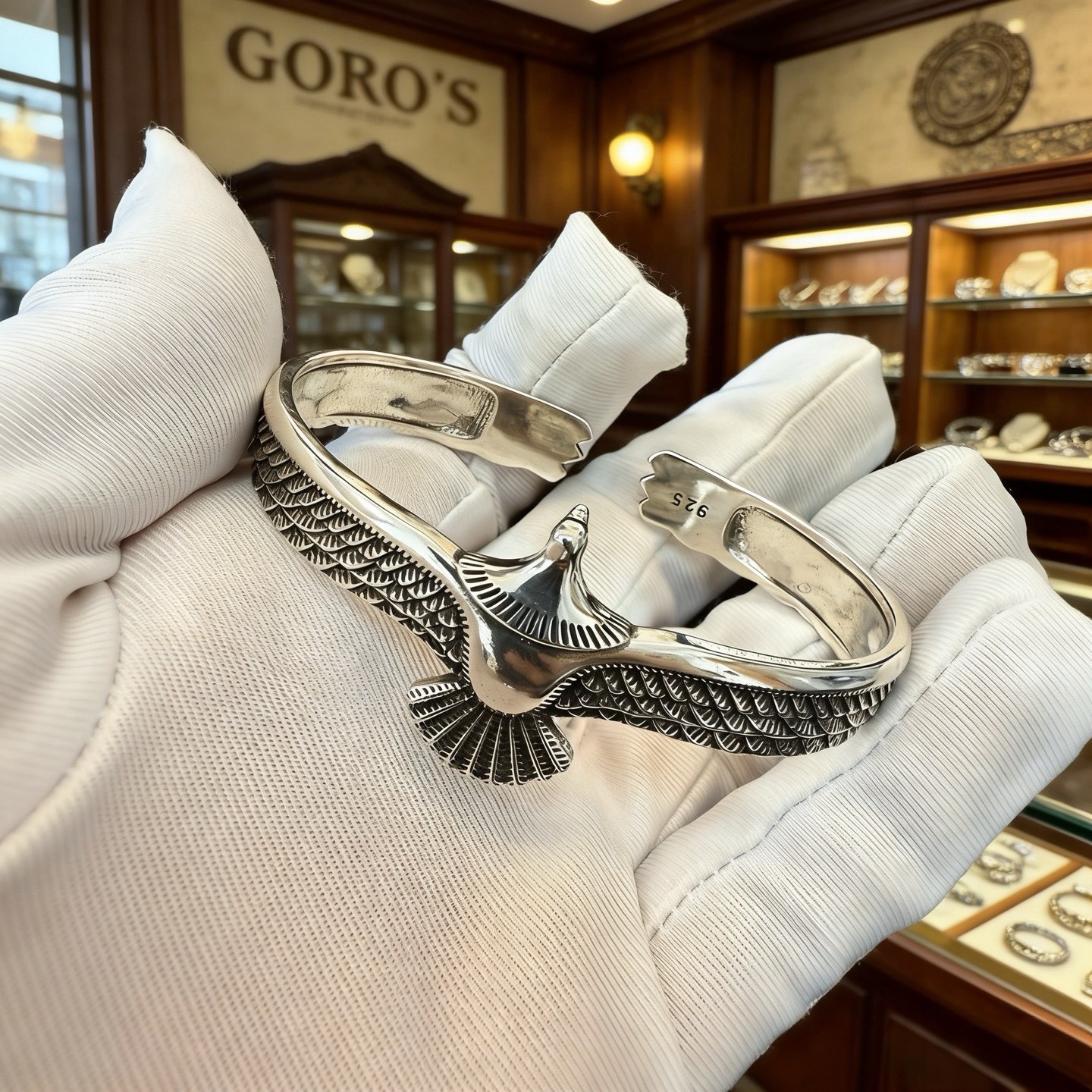 GORO'S Hand Carved Eagle Motif Silver Cuff Bracelet Adjustable Bangle GORO'S Hand Carved Eagle Motif Silver Cuff Bracelet Adjustable Bangle