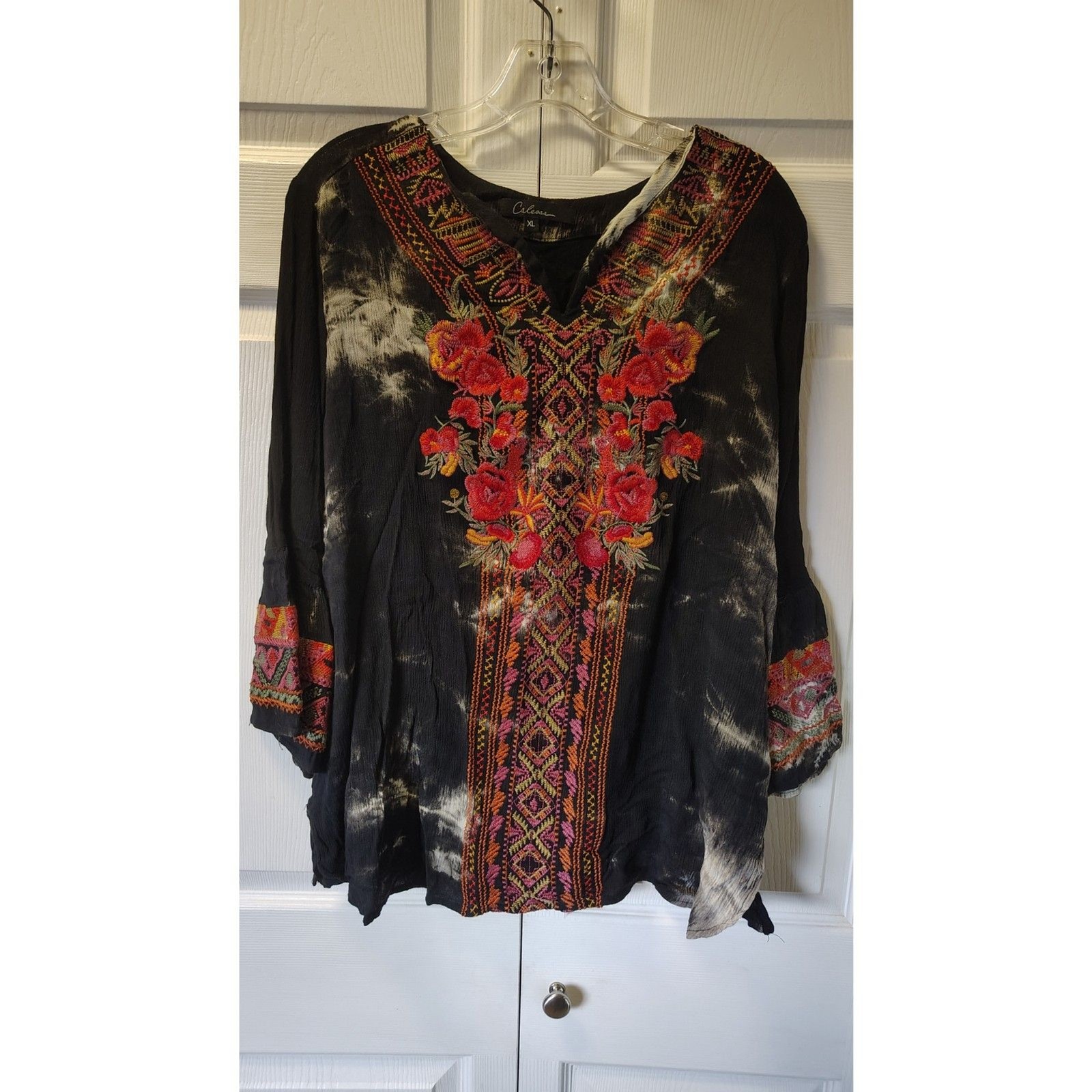 Calessa Embroidered Tie-Dye Boho Blouse – Floral Peasant Tunic Top Size XL