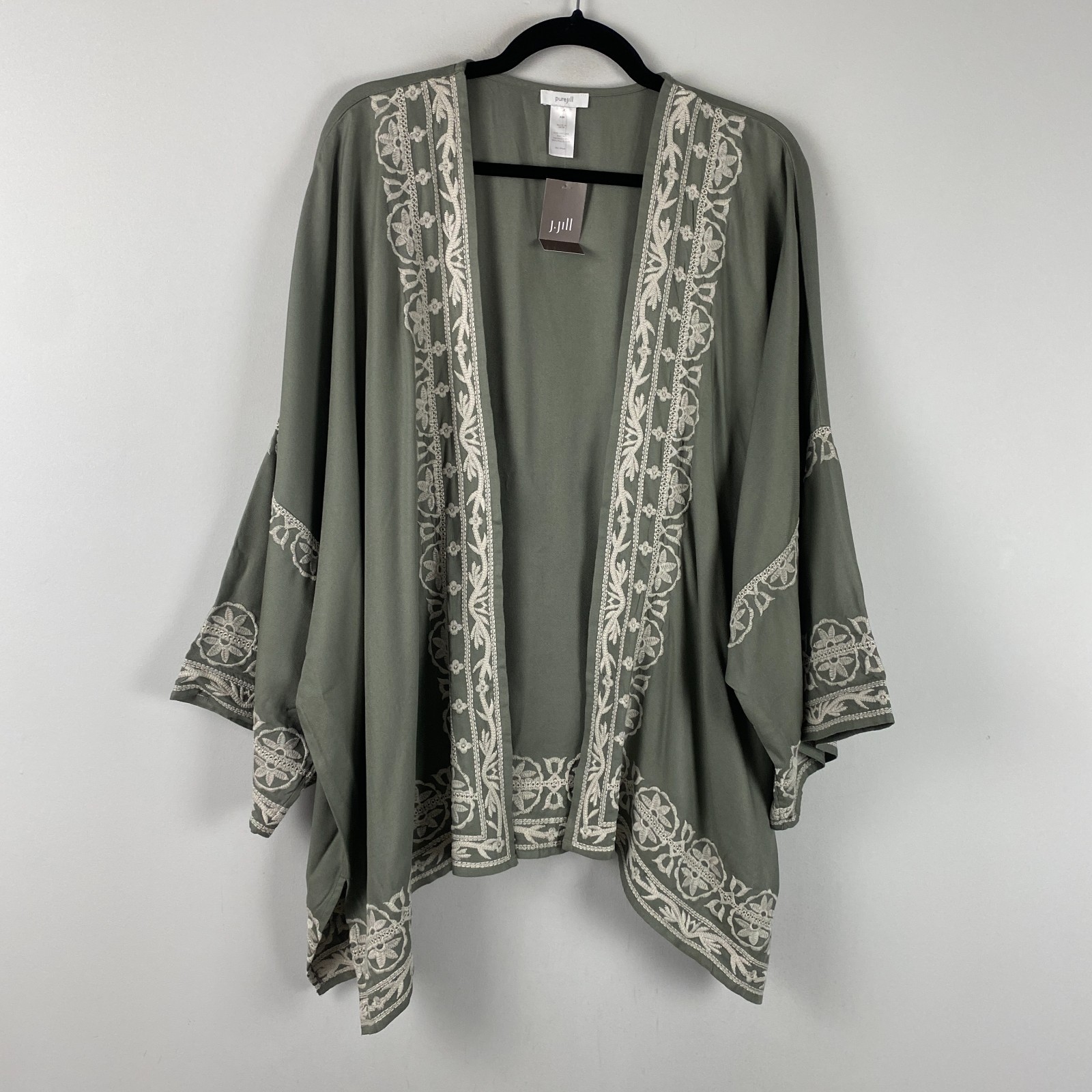 J Jill Pure Soft Embroidered Kimono Jacket Size XL-3X Green Floral Open