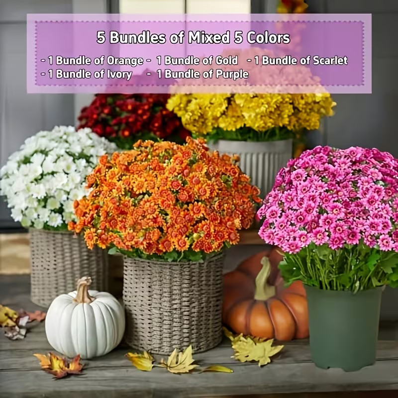 Artificial Sunset Mums 5 Bundles Pink Fall Flowers Outdoor UV Resistant Decor