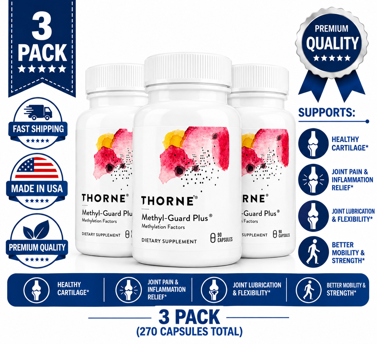 Thorne Methyl-Guard Plus 3 Pack 270 Capsules Methylation Factors Supplement Thorne Methyl-Guard Plus 3 Pack 270 Capsules Methylation Factors Supplement