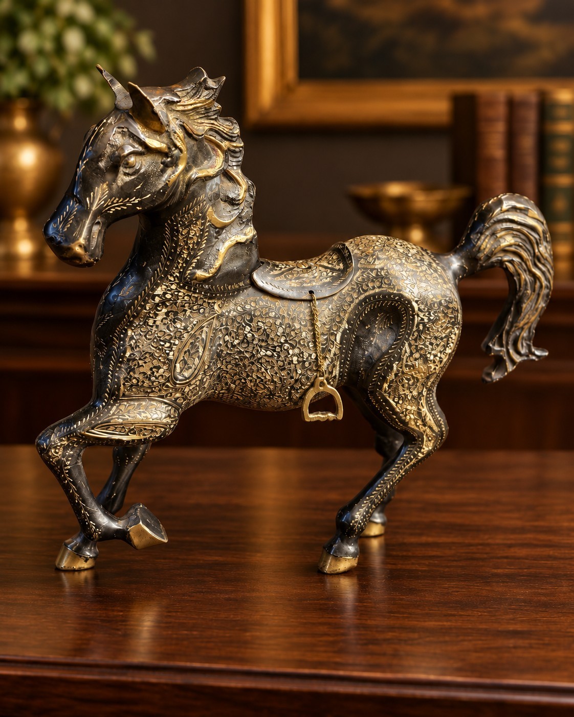 Large Vintage Indian Brass Horse Sculpture Black Gold Etched Floral 16