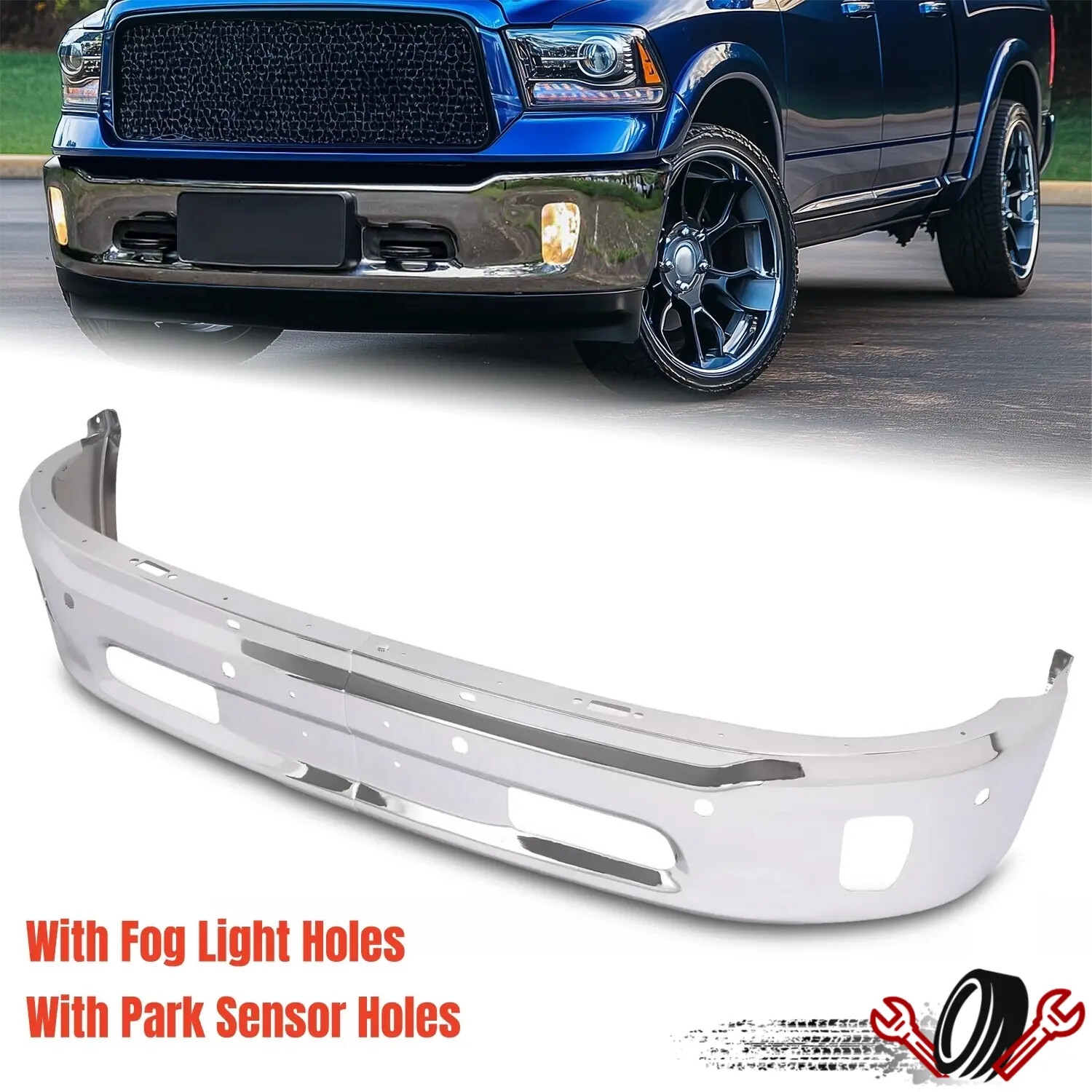 Front Bumper Face Bar for RAM 1500 2014-2018 Chrome W/ Fog Light Holes & Sensors Front Bumper Face Bar for RAM 1500 2014-2018 Chrome W/ Fog Light Holes & Sensors