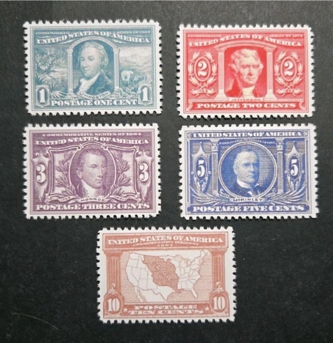 US Scott #323-327 1904 1-10C Louisiana Purchase Commemoratives Stamp Replica Set US Scott #323-327 1904 1-10C Louisiana Purchase Commemoratives Stamp Replica Set