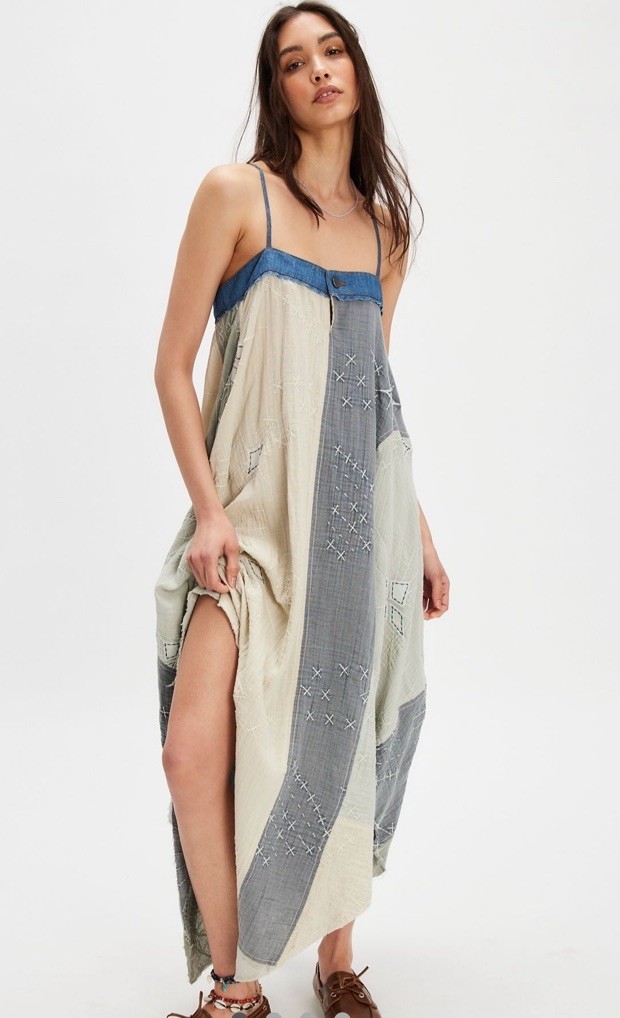 Free People Northern Star Midi Maxi Dress Patchwork Gauzy Fade Blue Wash L NWT Free People Northern Star Midi Maxi Dress Patchwork Gauzy Fade Blue Wash L NWT