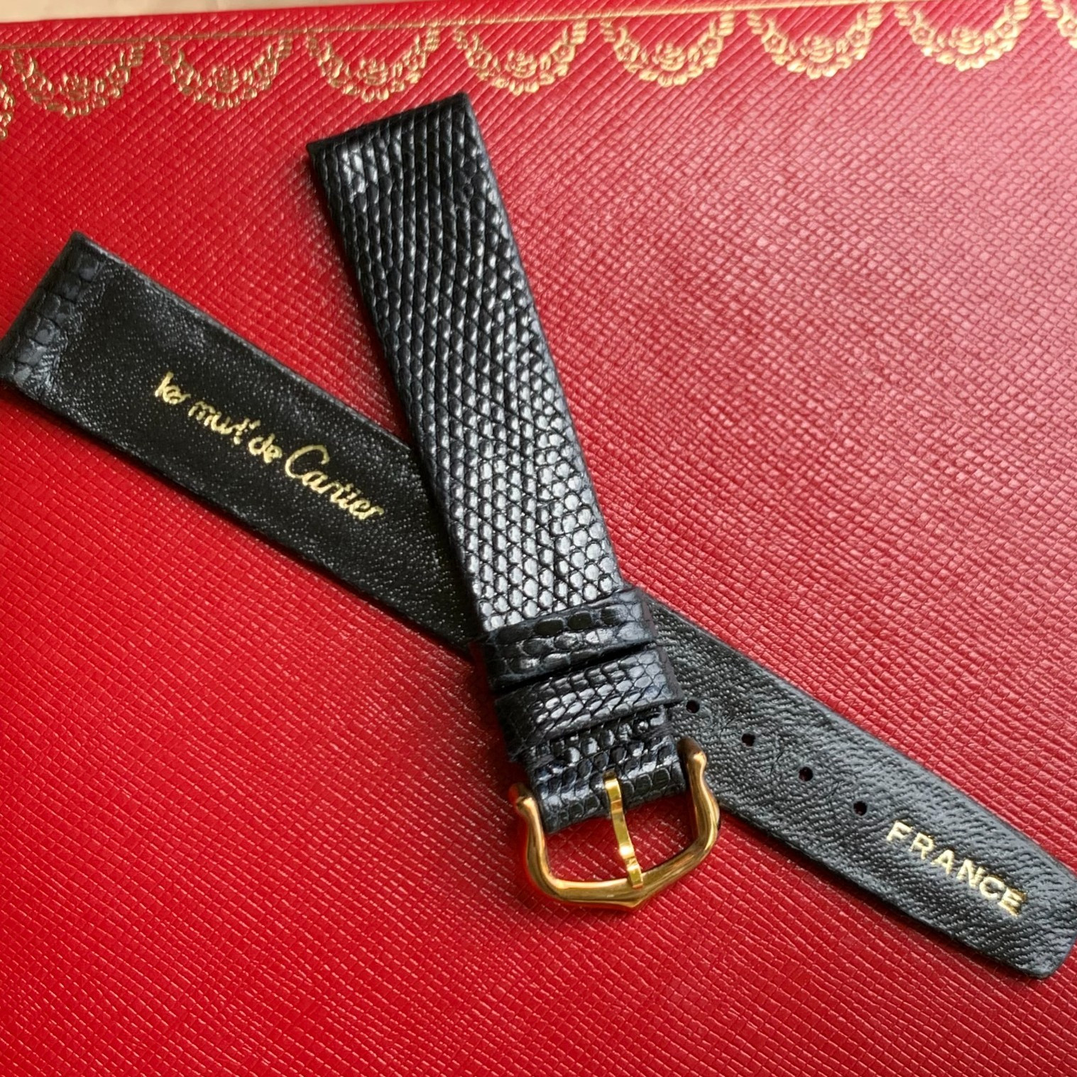 Vintage Cartier 17mm x 14mm Long Black Lizard Band France - Fits Must Tank