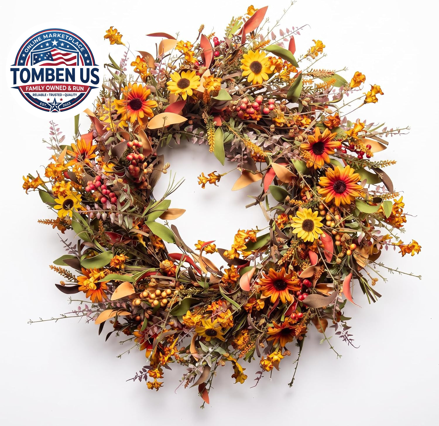 24 Inch Fall Wreaths for Front Door, Artificial Autumn Wreath with Sunflowers, B