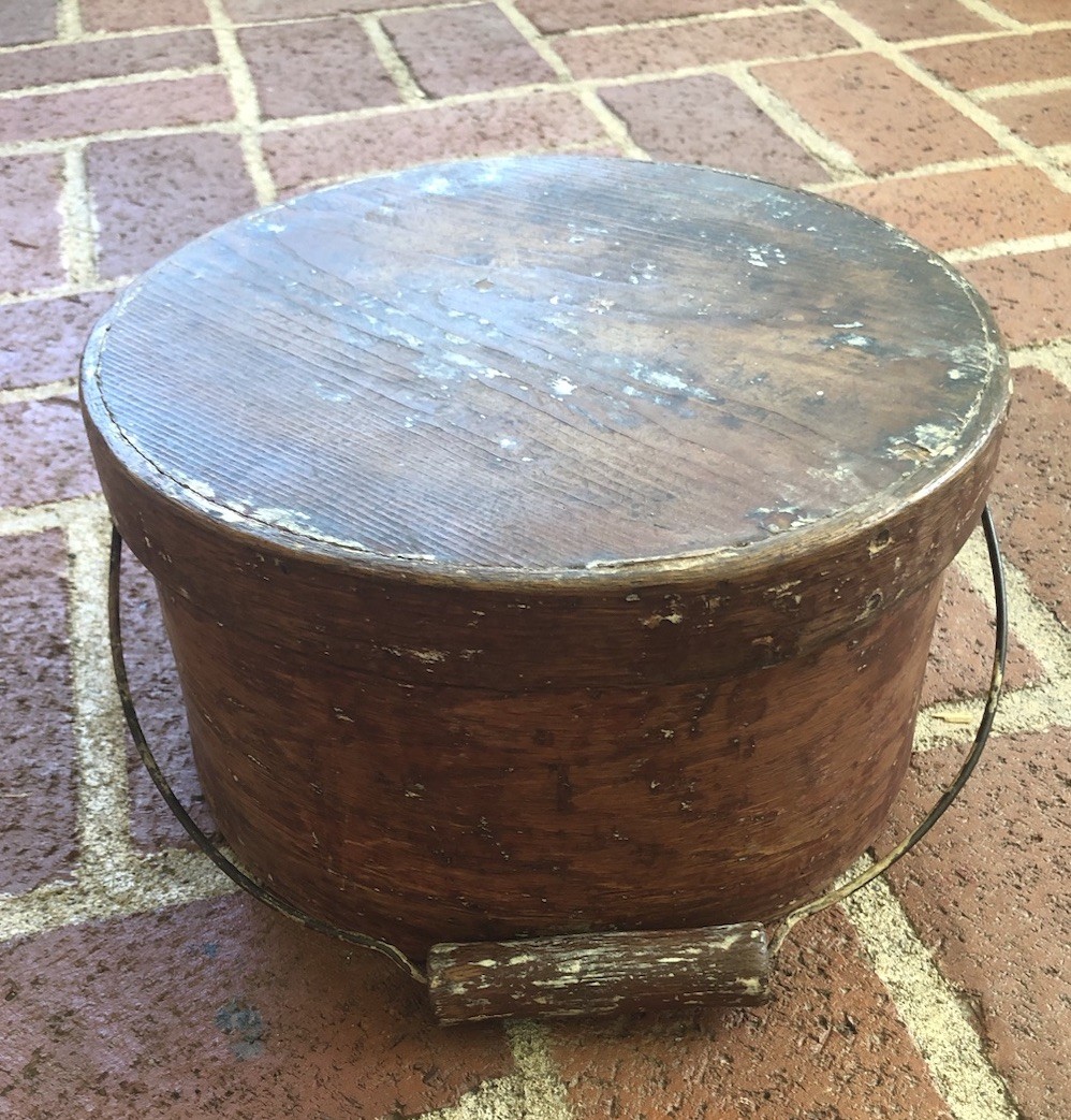 Vtg Chippy, Shabby Round Firkin Pantry Box W/ Handle Vtg Chippy, Shabby Round Firkin Pantry Box W/ Handle