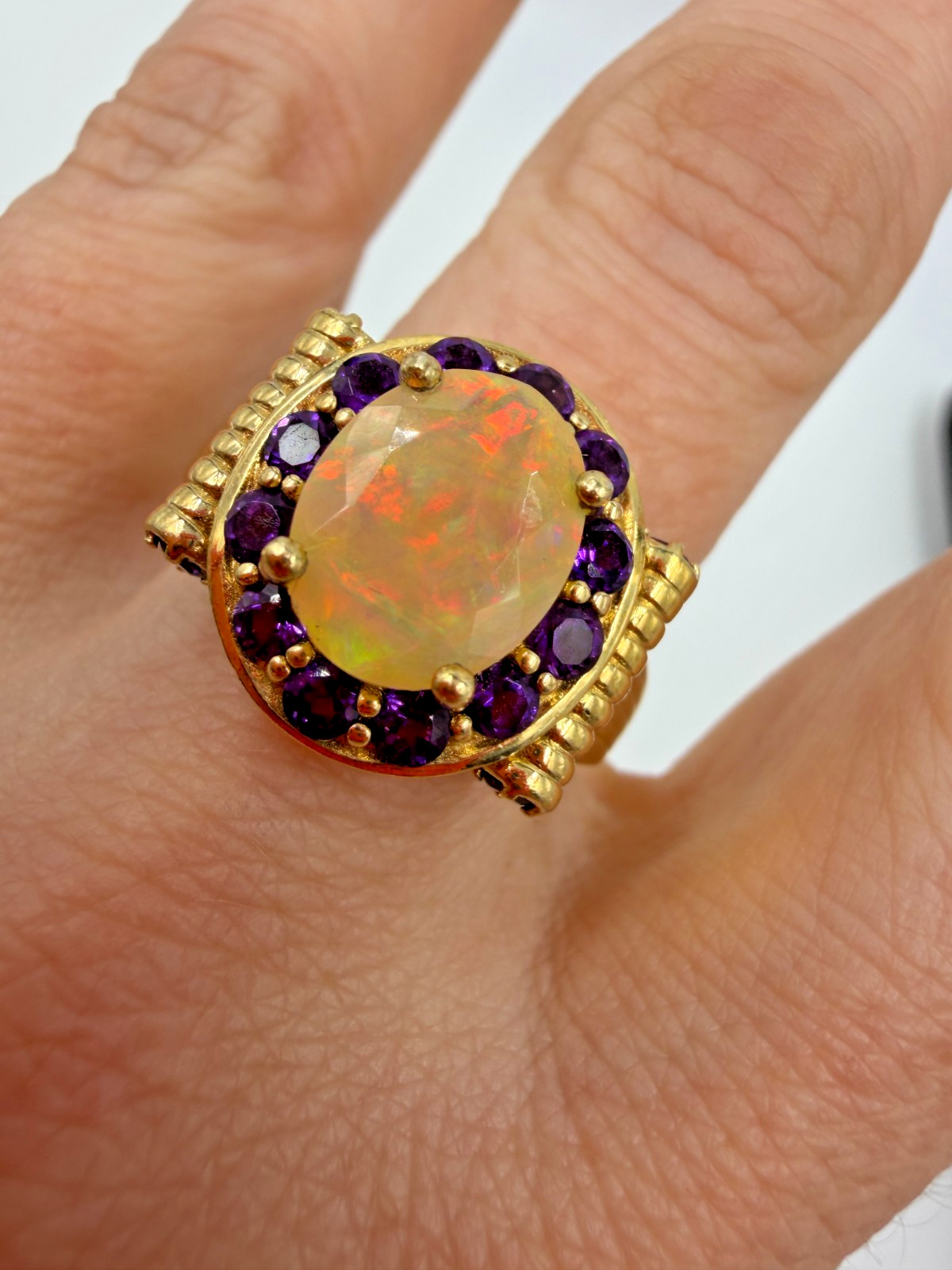 Sterling Silver Ring Size Opal Cabochon Purple Signed KH 9.5  Vermeil  PX