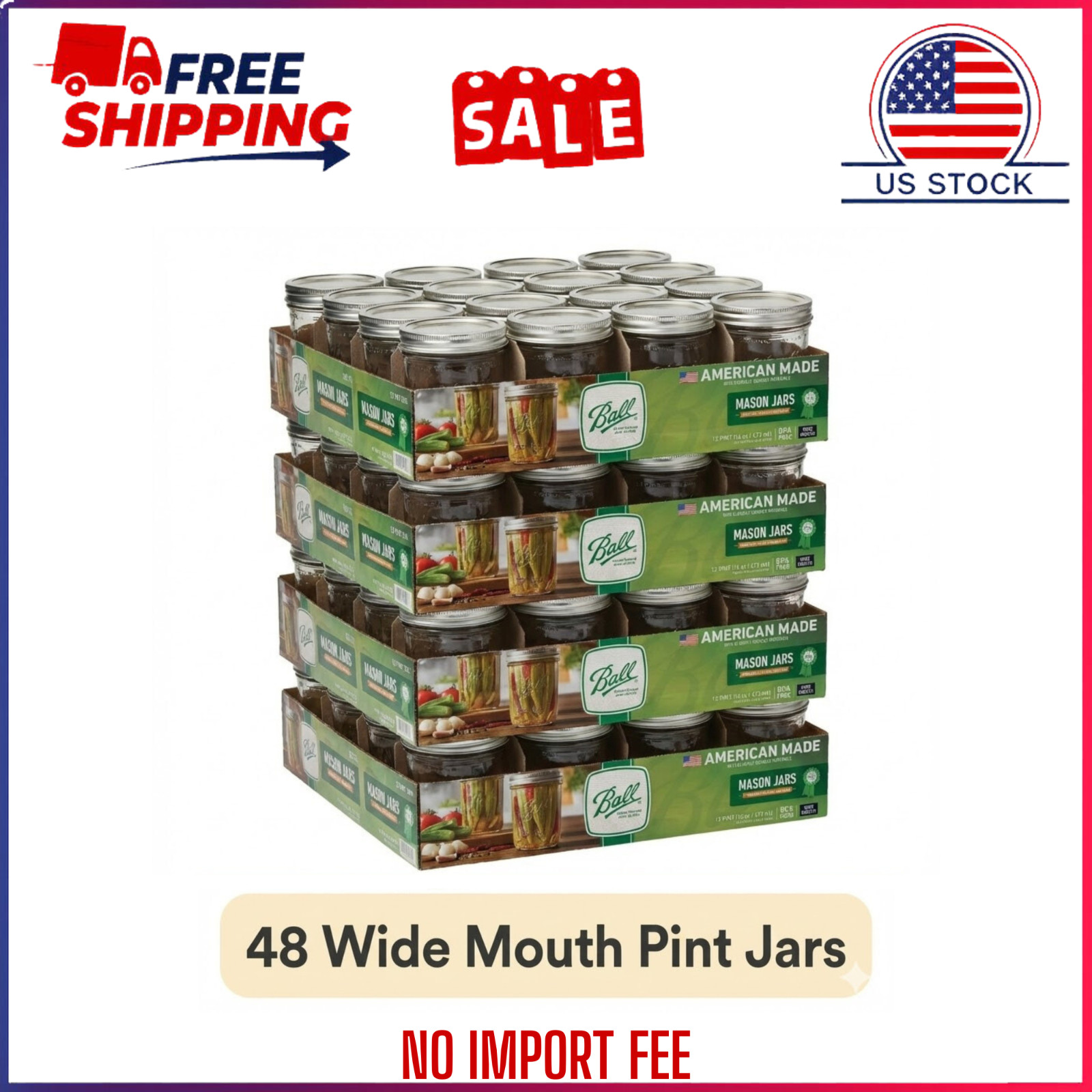 (4 pack) Ball 16 oz Mason Jars, Wide Mouth Pint Canning Jars with Lids and Rings