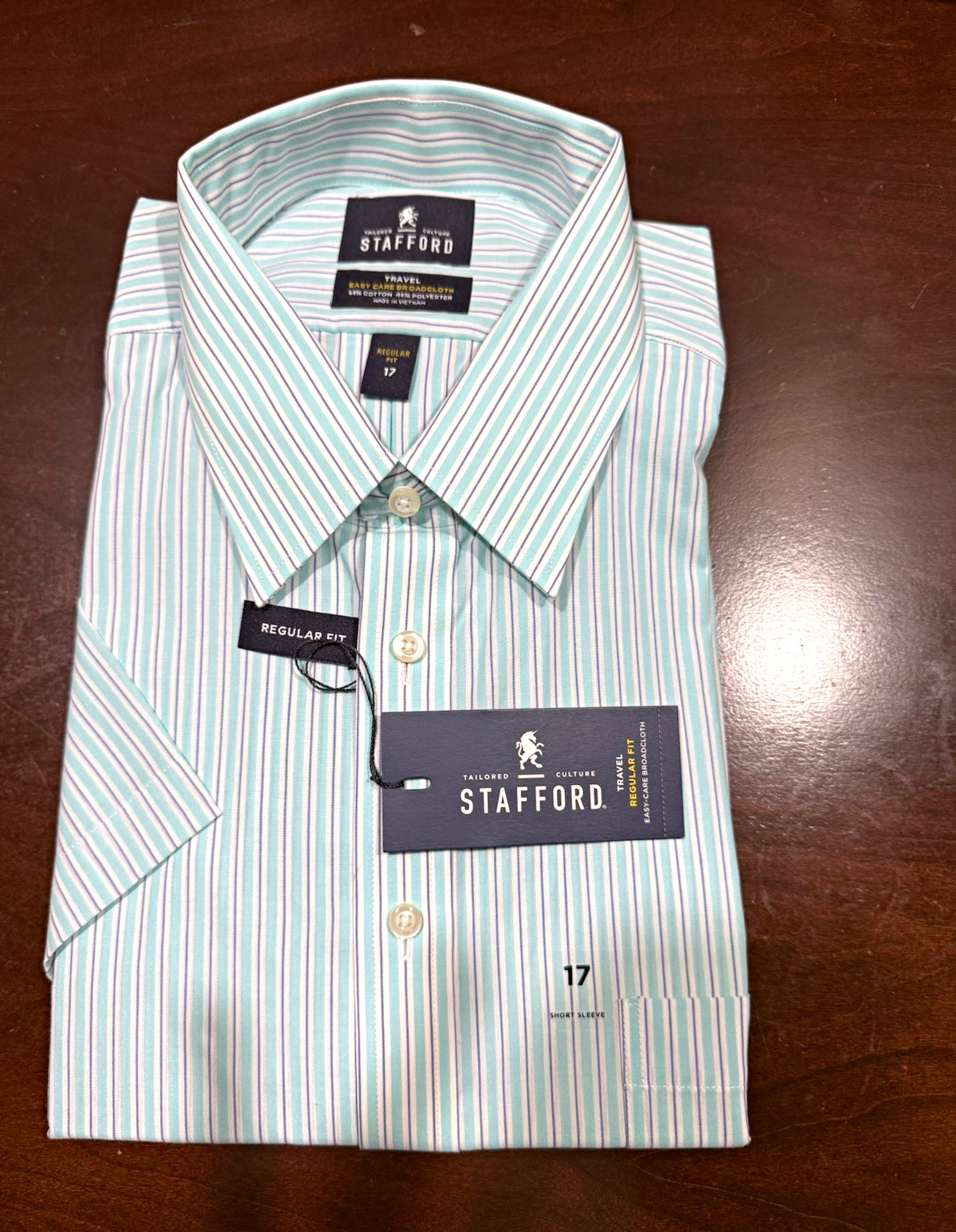 Stafford Travel Regular Fit Broadcloth Easy Care Striped SS Dress Shirt 17