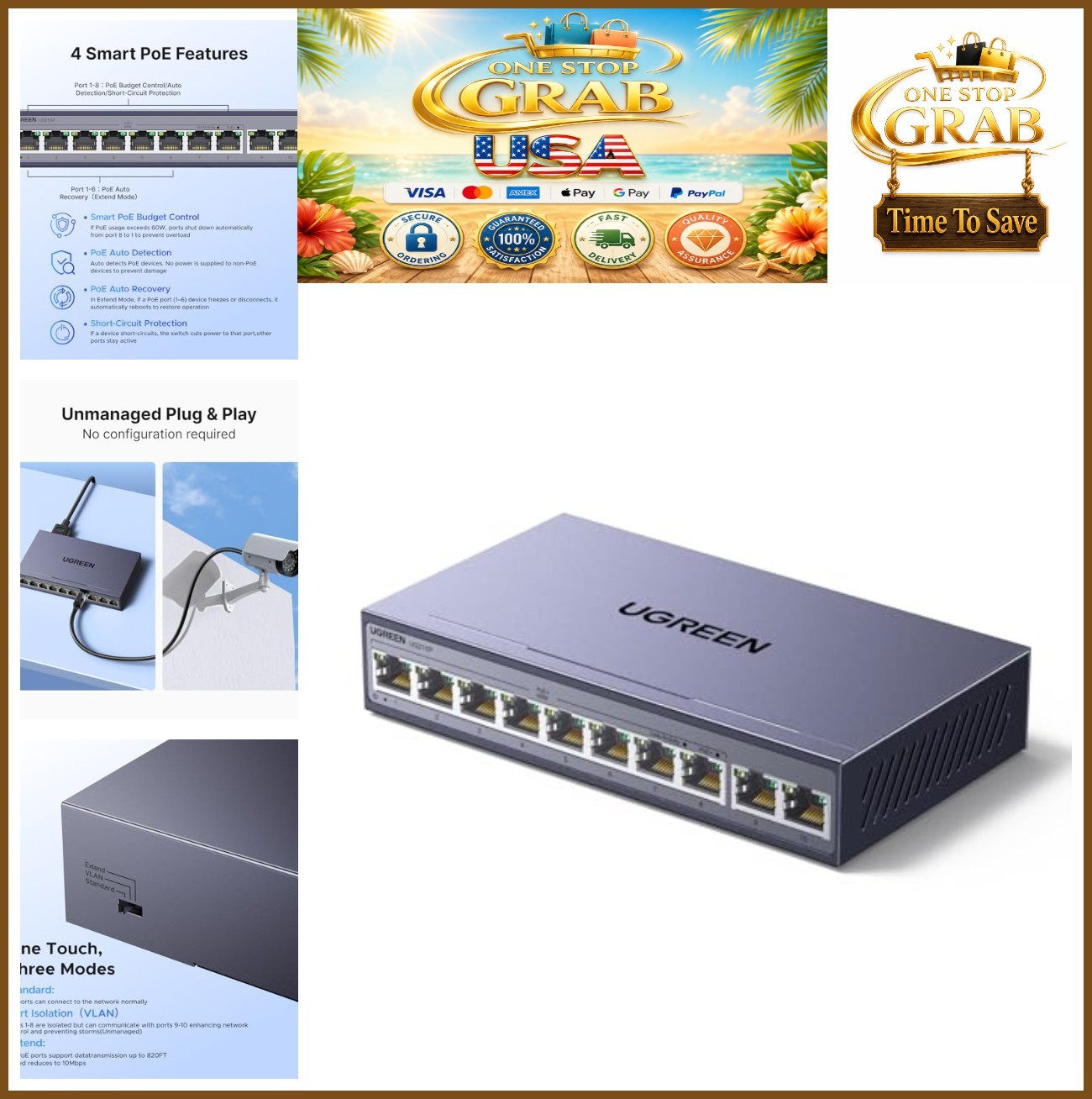 10 Port PoE Switch 8 PoE+ Gigabit 60W 2 Uplink Managed Metal Extend Mode VLAN