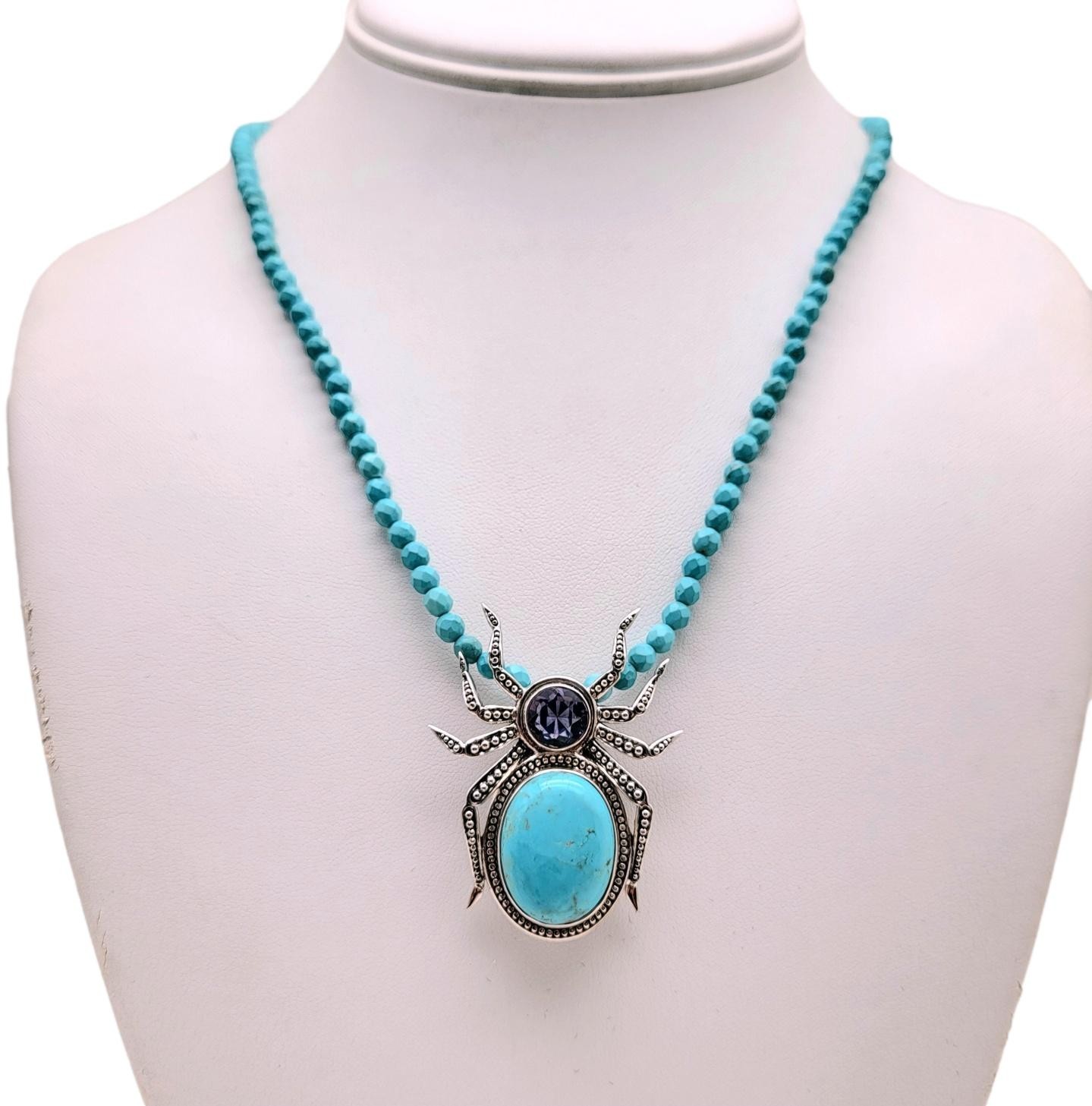Nicky Butler Turquoise Gem Spider Brooch Pendant Bead Necklace Sterling Silver