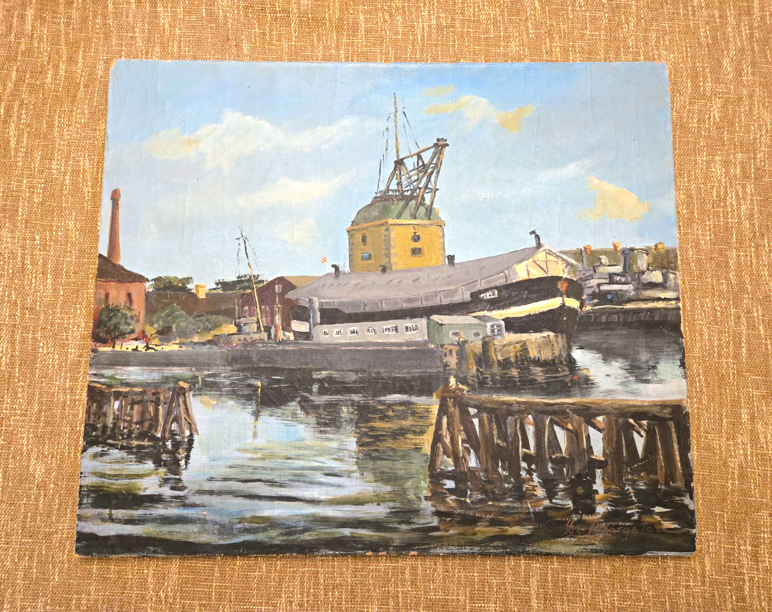 Original Mid-Century Danish Oil Painting Lis Bjergsted Maritime Harbor Scene