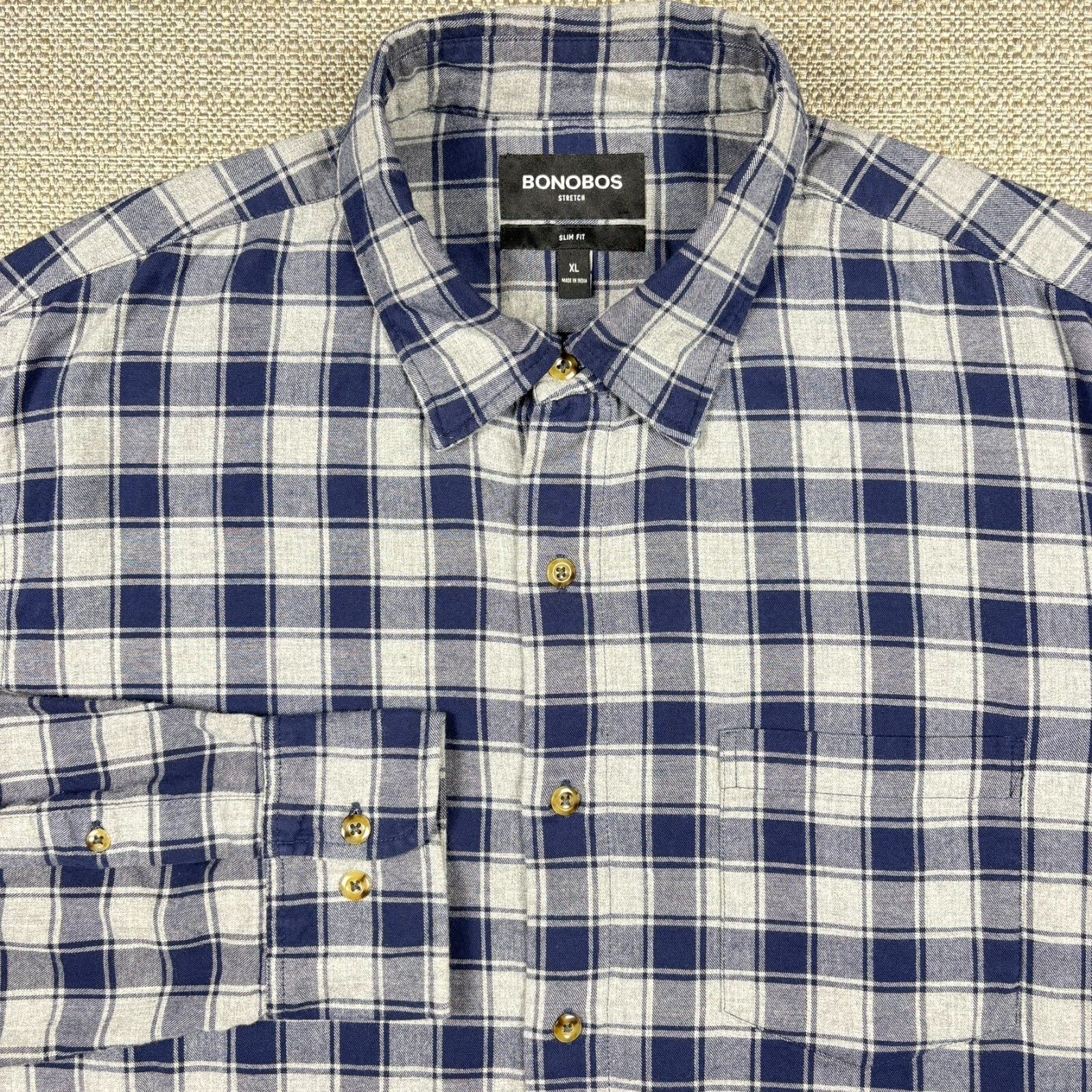 Bonobos Men\'s Shirt XL Long Sleeve Blue White Plaid Slim Stretch Casual Cotton Bonobos Men\'s Shirt XL Long Sleeve Blue White Plaid Slim Stretch Casual Cotton