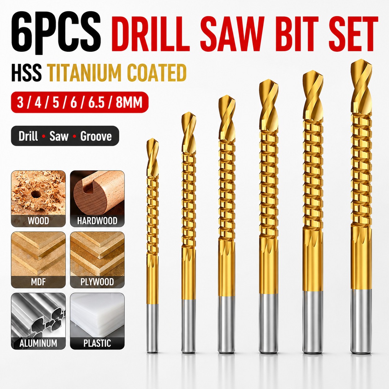 6Pcs HSS Twist Drill Bit Set 3-8mm Spiral Serrated Drill Bits Wood Metal Plastic