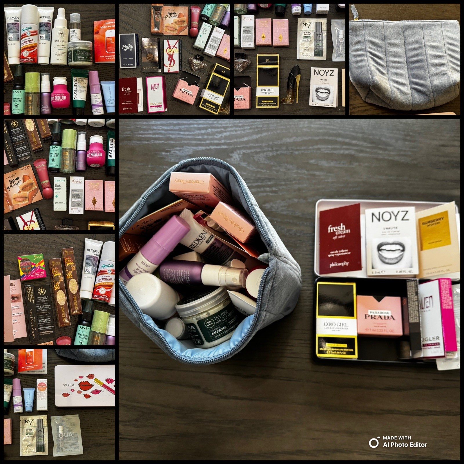Assorted 40 Pc Sample & Travel Beauty Lot: Fragrance Makeup Skincare Zipper Bag