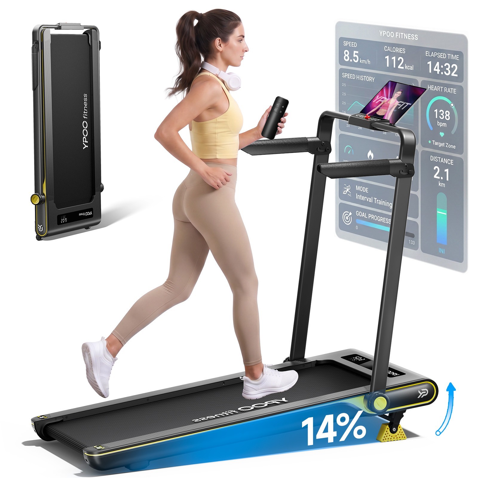 350lbs Weight Capacity Incline Under Desk Treadmill, 3-in-1 Folding Walking Pad